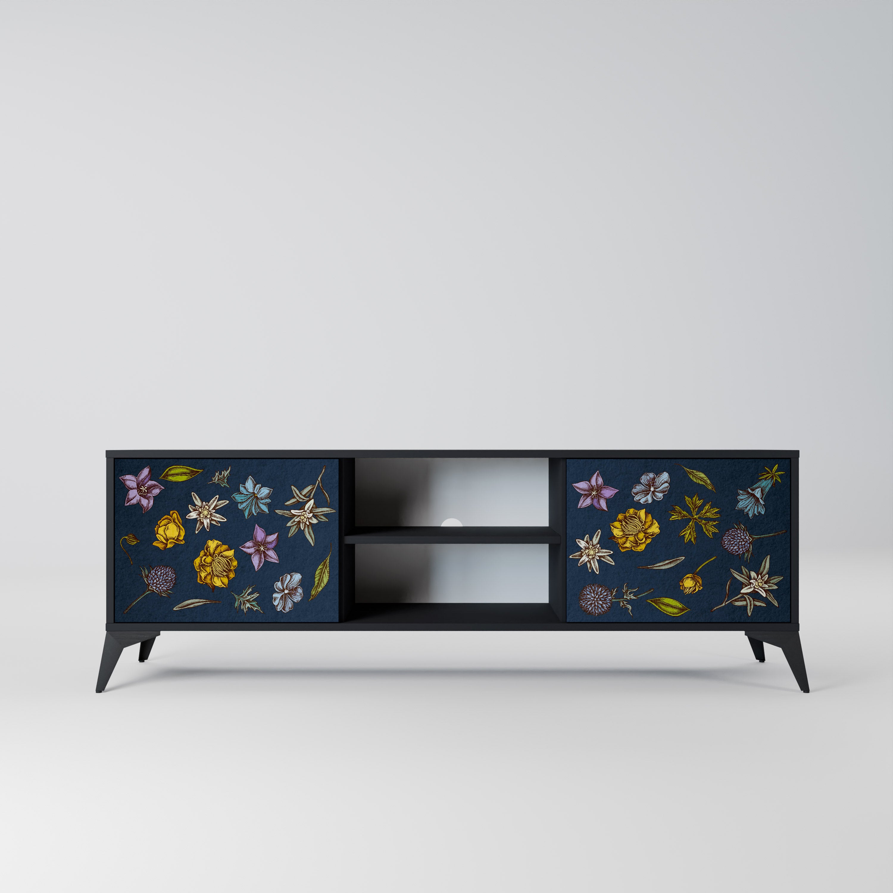 Βάση τηλεόρασης 2 θυρών FLOWERS ON NAVY BLUE σε μαύρο φινίρισμα