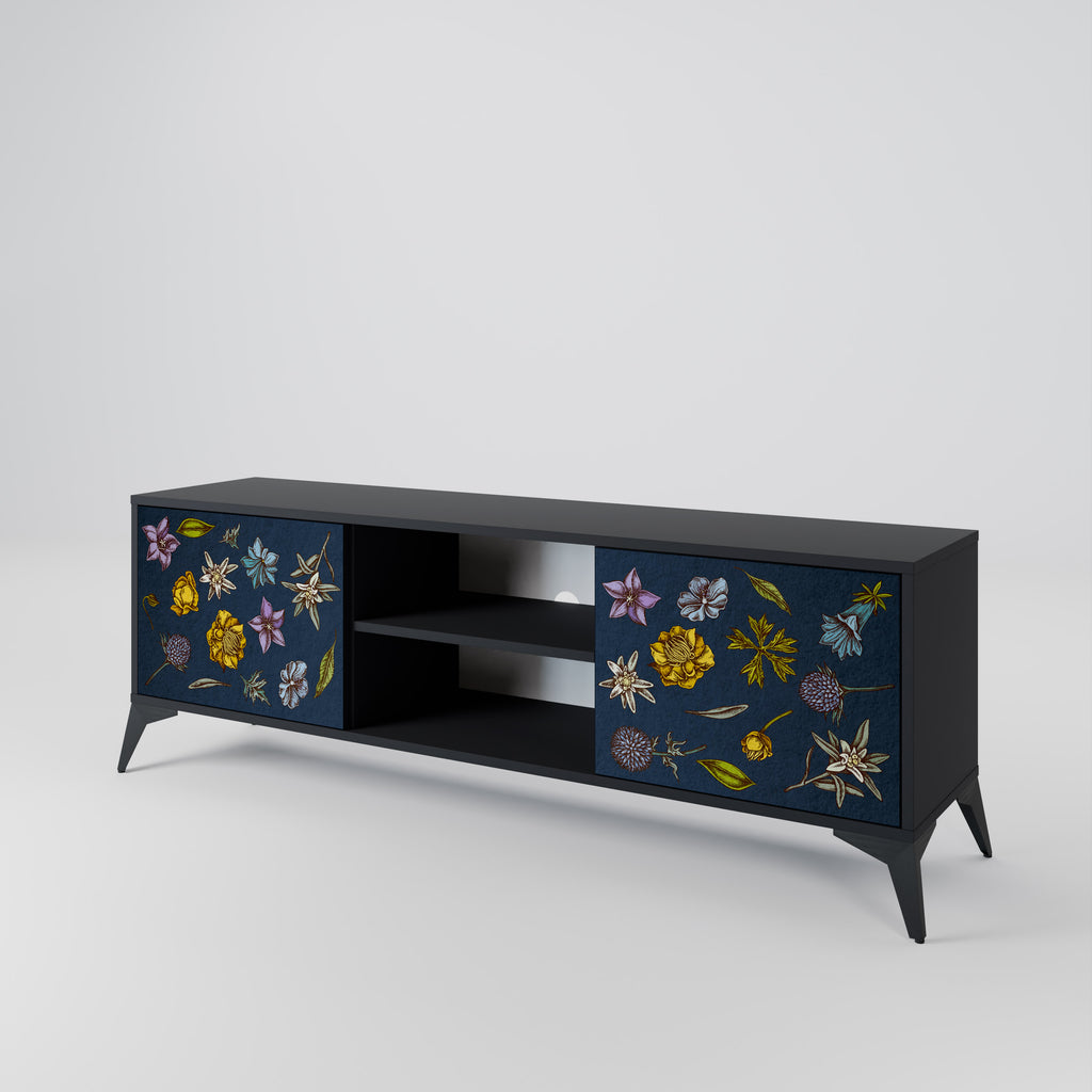 Βάση τηλεόρασης 2 θυρών FLOWERS ON NAVY BLUE σε μαύρο φινίρισμα