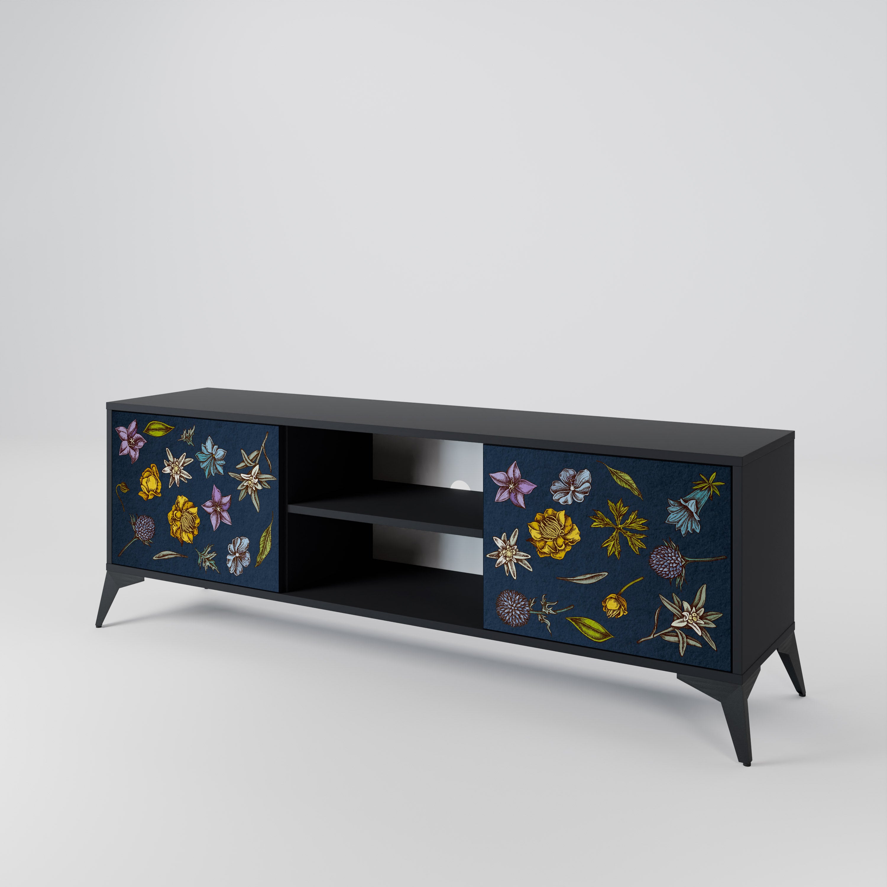 Βάση τηλεόρασης 2 θυρών FLOWERS ON NAVY BLUE σε μαύρο φινίρισμα