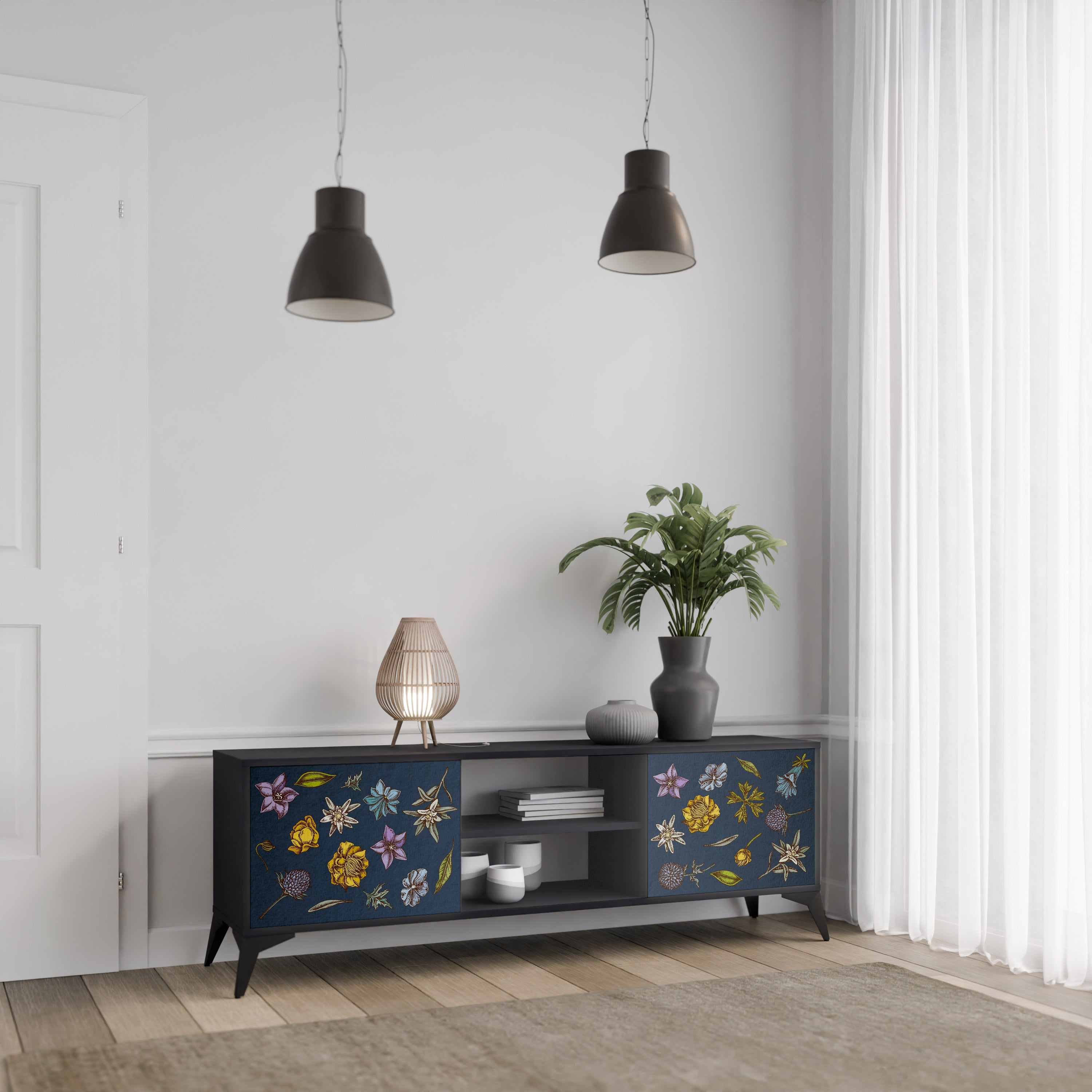 Βάση τηλεόρασης 2 θυρών FLOWERS ON NAVY BLUE σε μαύρο φινίρισμα