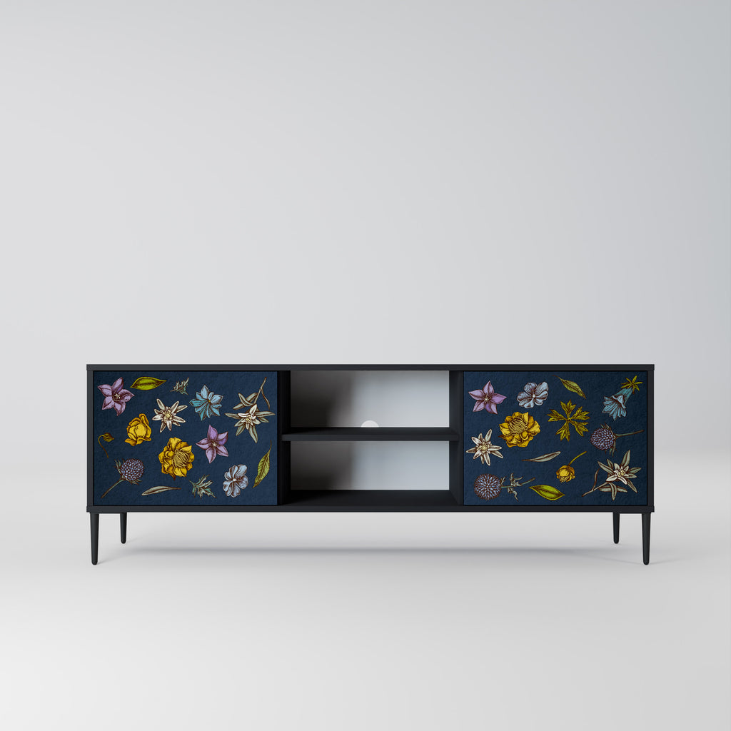 Βάση τηλεόρασης 2 θυρών FLOWERS ON NAVY BLUE σε μαύρο φινίρισμα