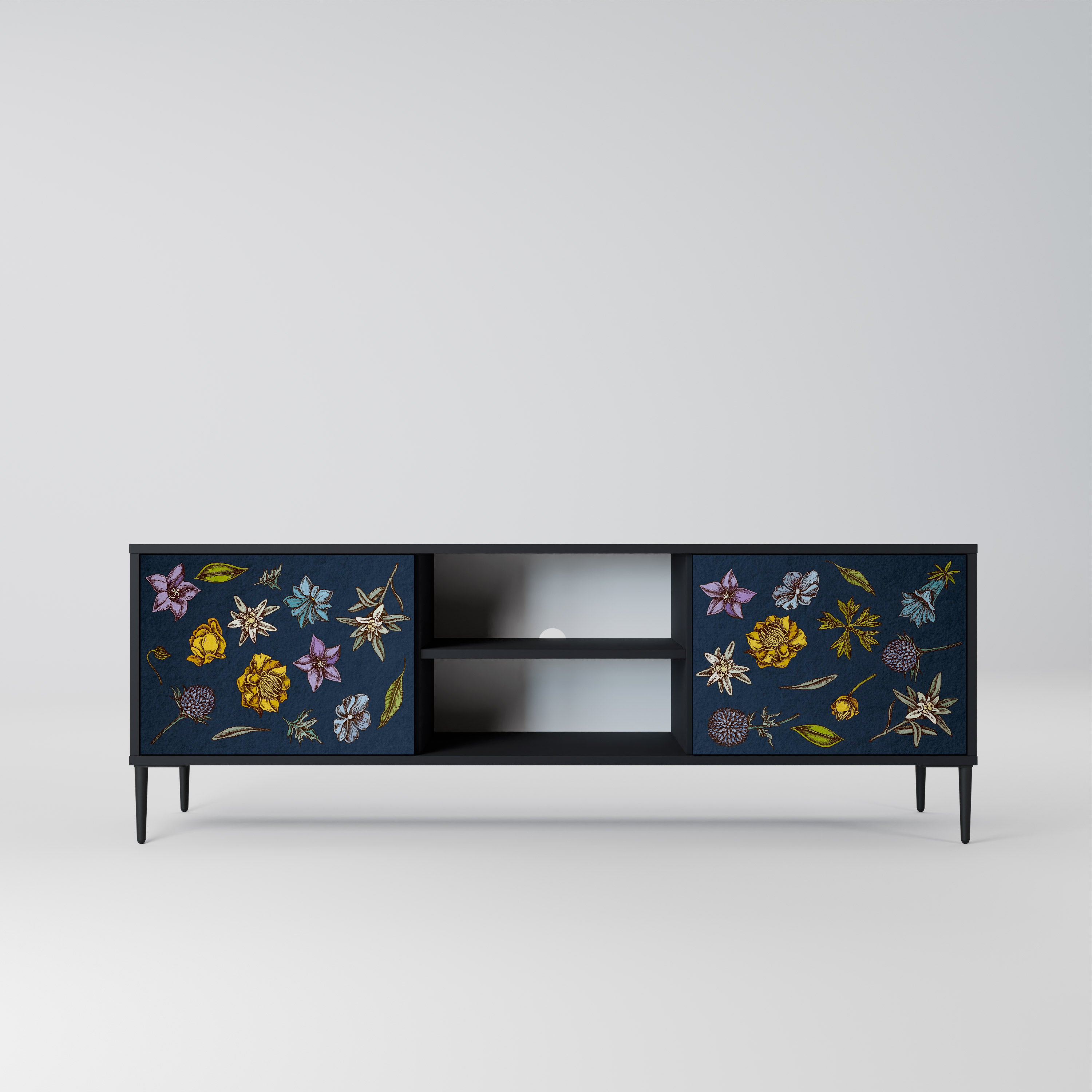 Βάση τηλεόρασης 2 θυρών FLOWERS ON NAVY BLUE σε μαύρο φινίρισμα