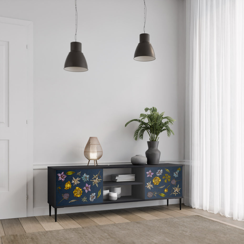 Βάση τηλεόρασης 2 θυρών FLOWERS ON NAVY BLUE σε μαύρο φινίρισμα