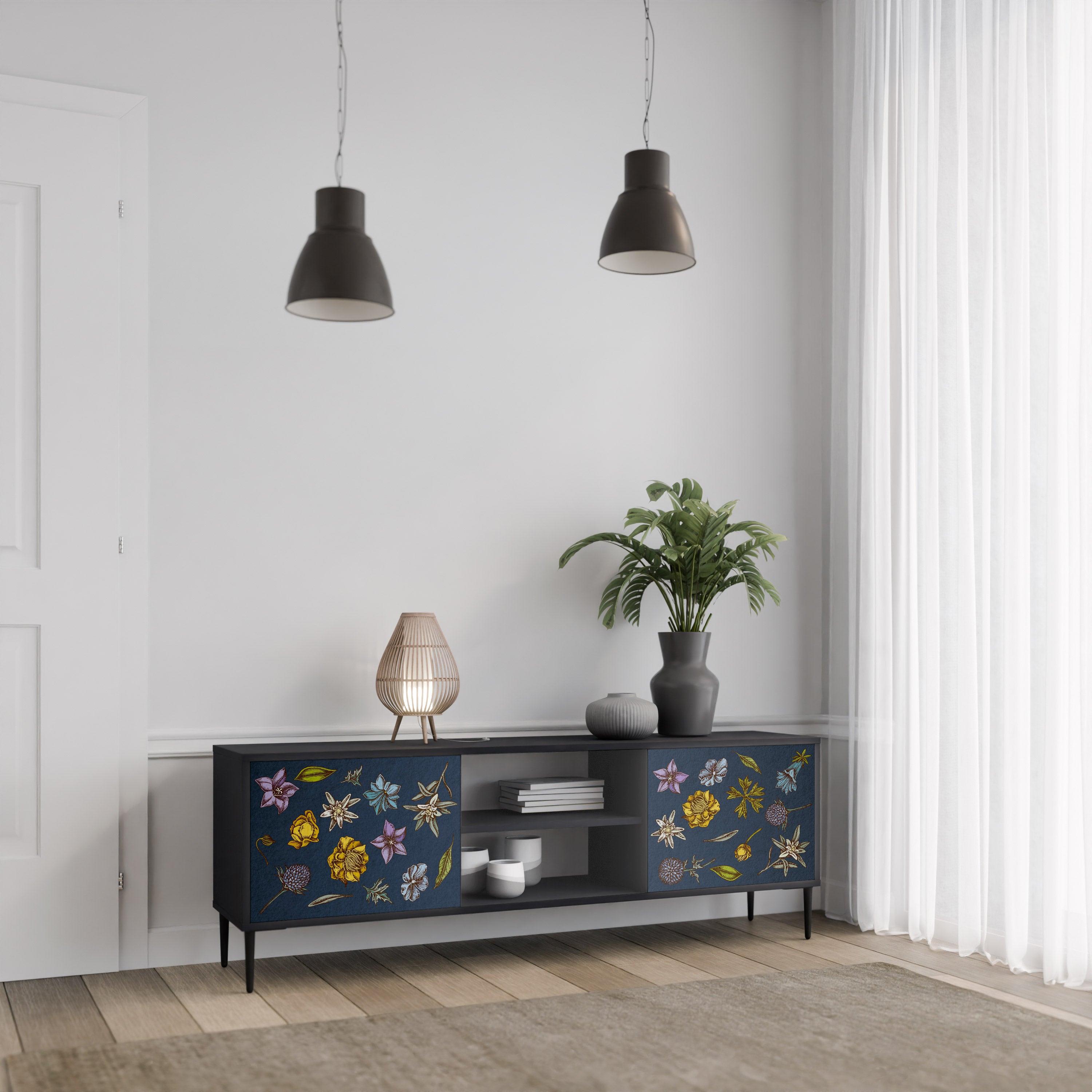 Βάση τηλεόρασης 2 θυρών FLOWERS ON NAVY BLUE σε μαύρο φινίρισμα