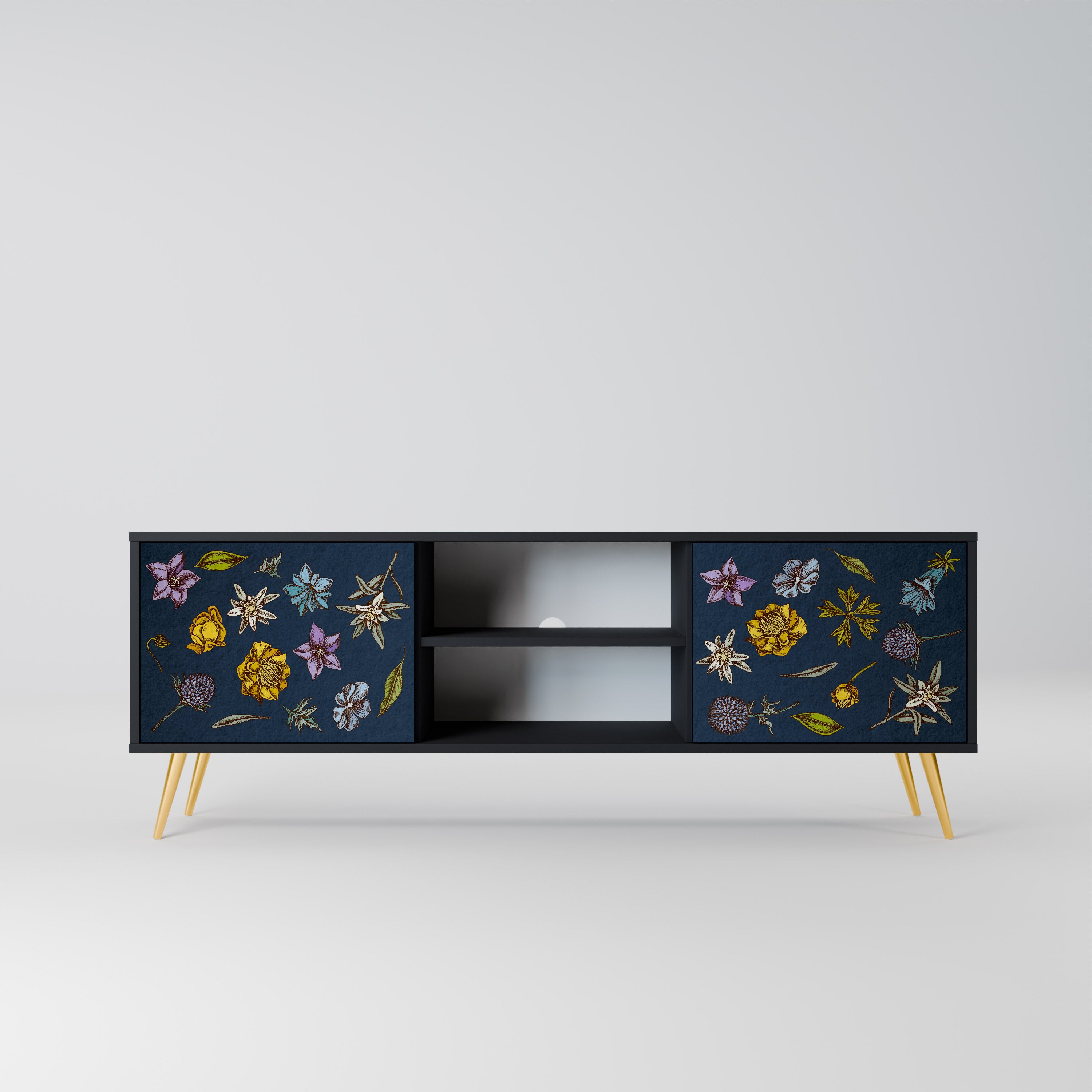 Βάση τηλεόρασης 2 θυρών FLOWERS ON NAVY BLUE σε μαύρο φινίρισμα
