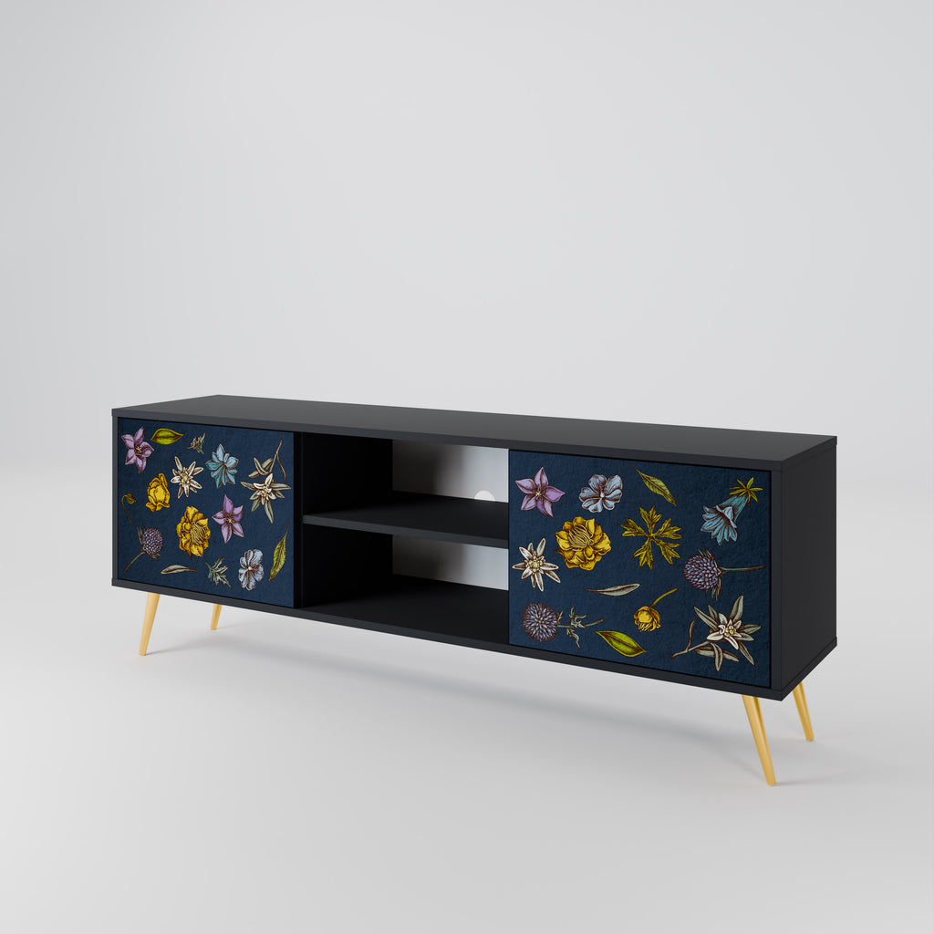 Βάση τηλεόρασης 2 θυρών FLOWERS ON NAVY BLUE σε μαύρο φινίρισμα