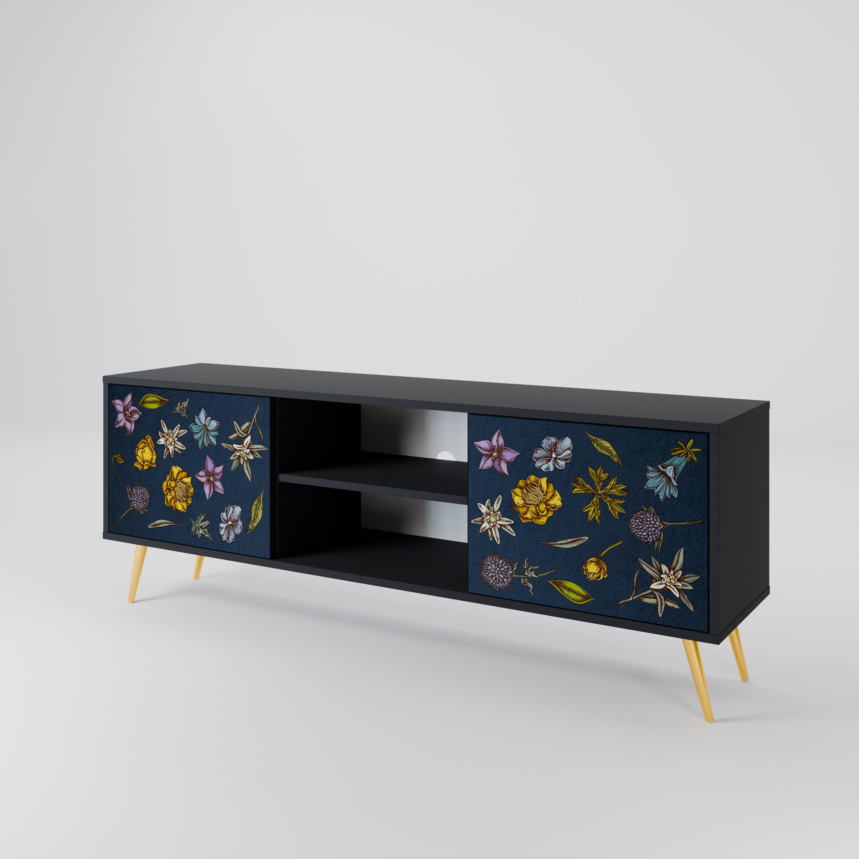 Βάση τηλεόρασης 2 θυρών FLOWERS ON NAVY BLUE σε μαύρο φινίρισμα