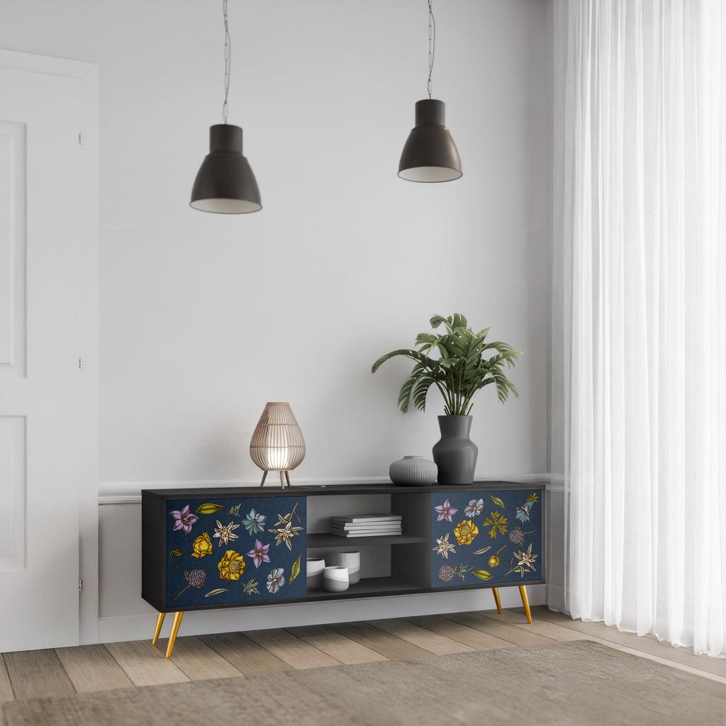 Βάση τηλεόρασης 2 θυρών FLOWERS ON NAVY BLUE σε μαύρο φινίρισμα