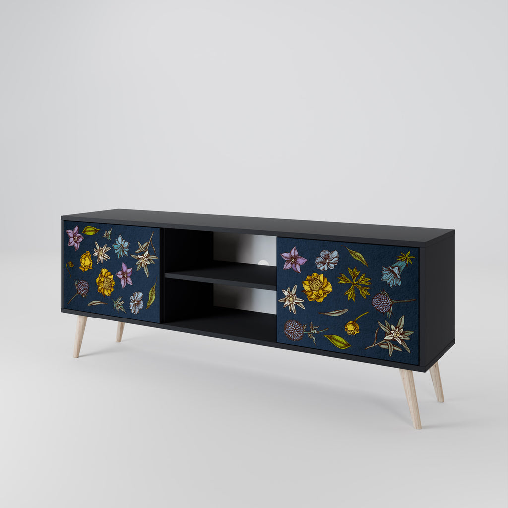 Βάση τηλεόρασης 2 θυρών FLOWERS ON NAVY BLUE σε μαύρο φινίρισμα