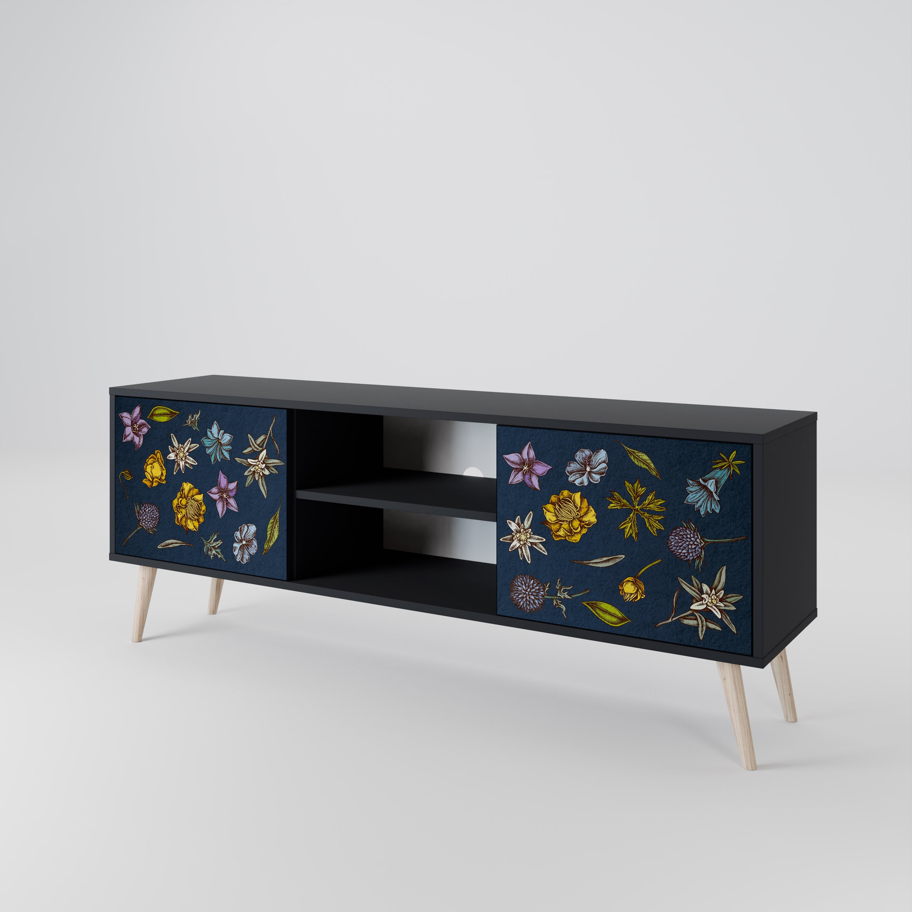 Βάση τηλεόρασης 2 θυρών FLOWERS ON NAVY BLUE σε μαύρο φινίρισμα