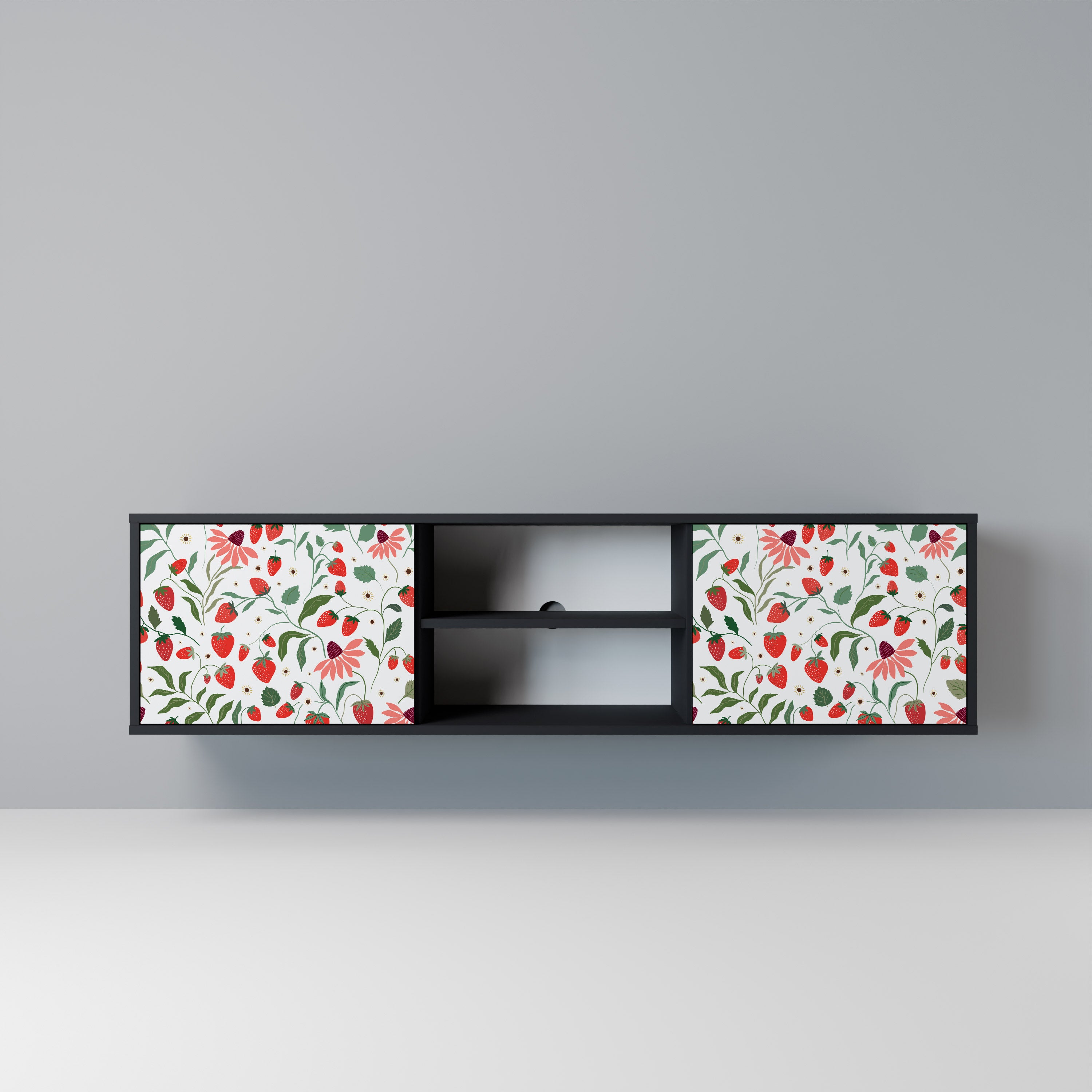 Βάση τηλεόρασης 2 θυρών FLOWERS AND STRAWBERRIES σε μαύρο φινίρισμα