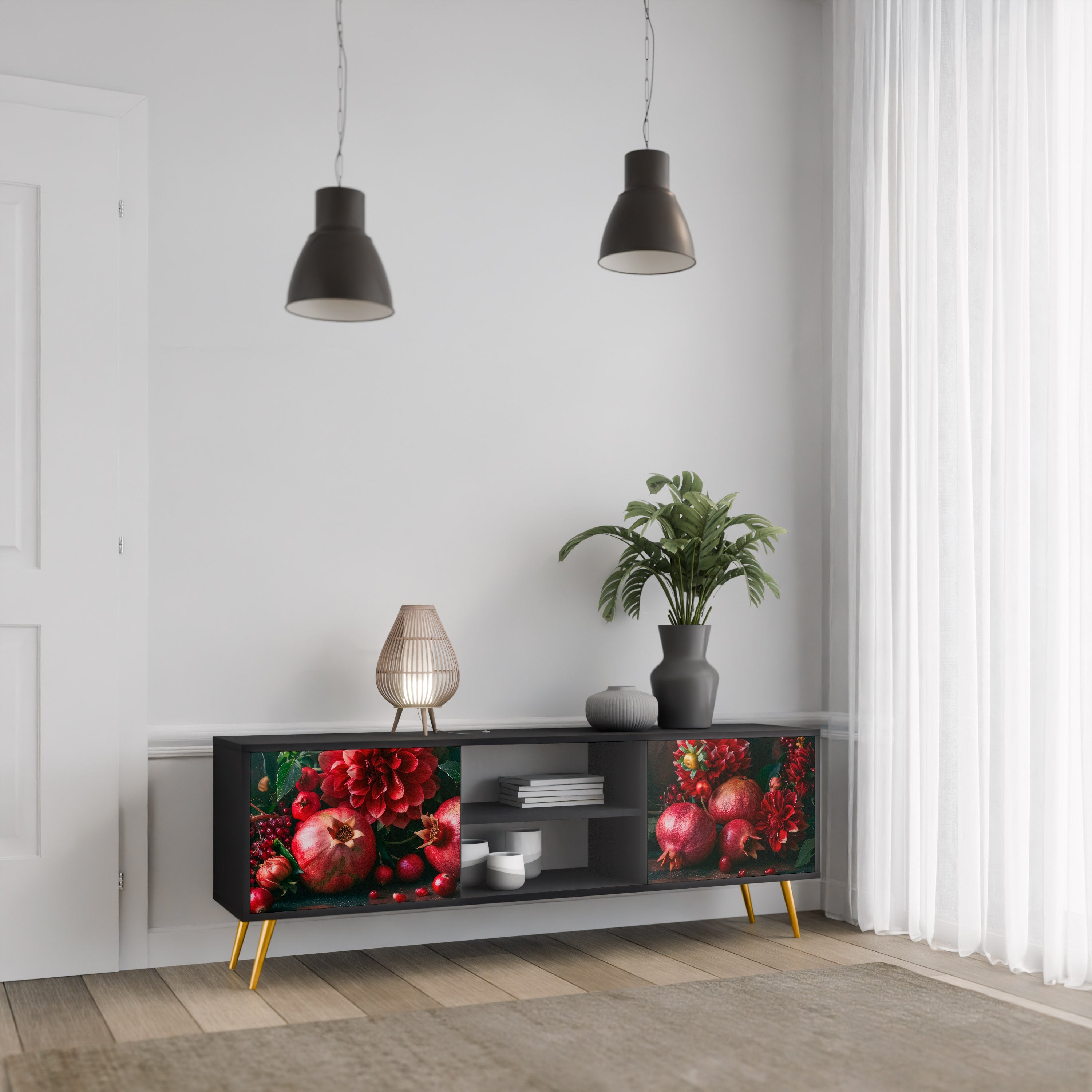 Βάση τηλεόρασης 2 θυρών DAHLIAS AND POMEGRANATES σε μαύρο φινίρισμα