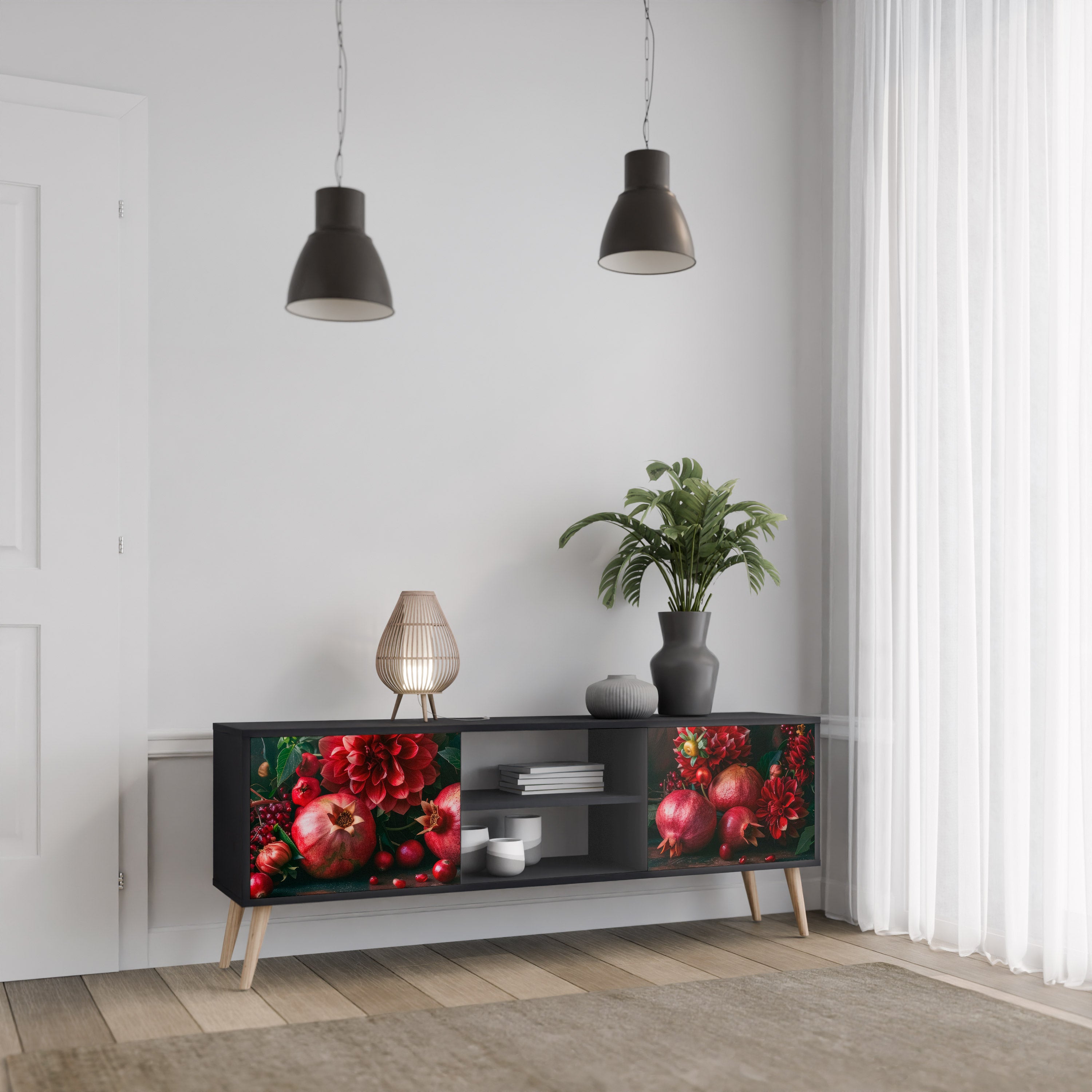 Βάση τηλεόρασης 2 θυρών DAHLIAS AND POMEGRANATES σε μαύρο φινίρισμα