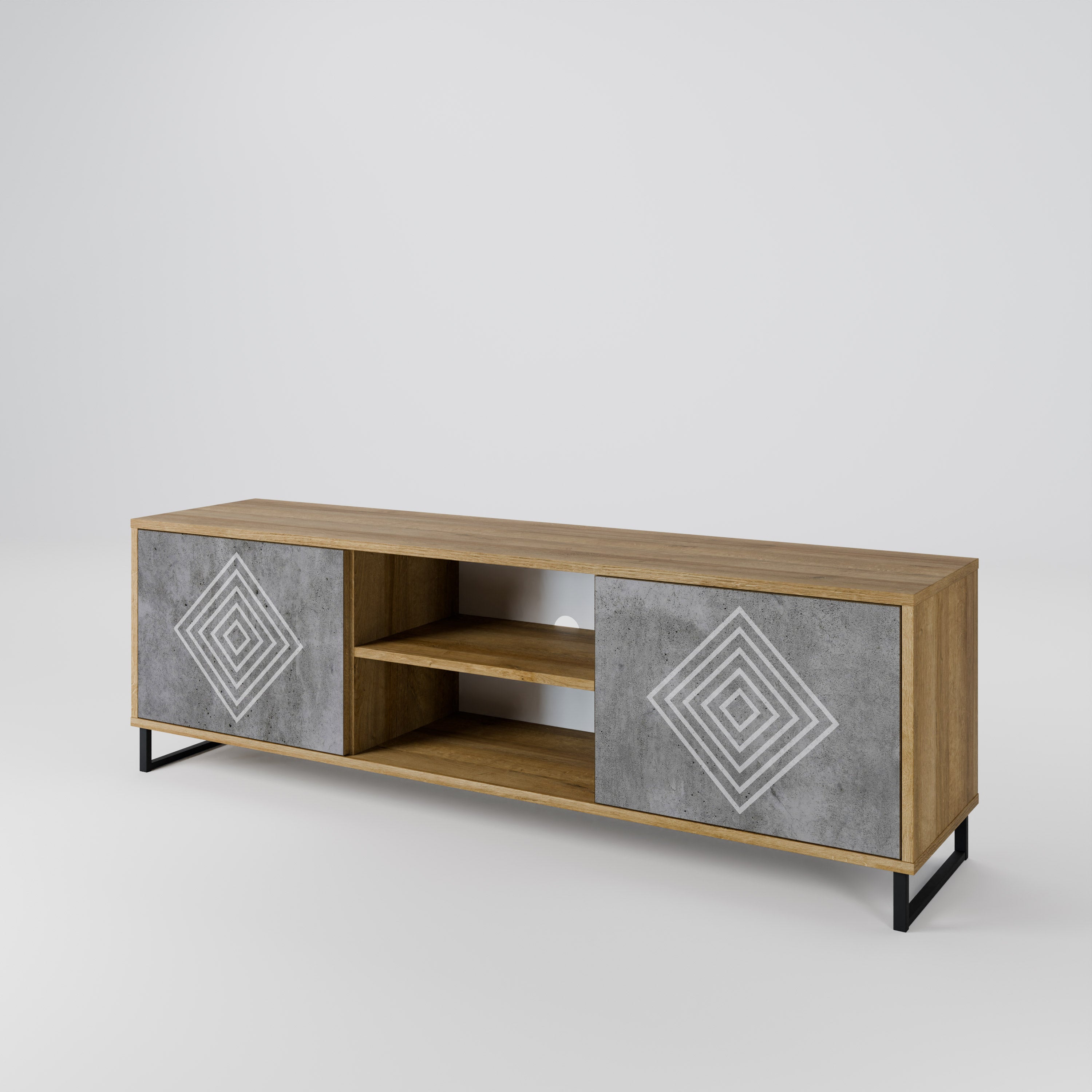 Βάση τηλεόρασης POLYGONAL ARTISTRY με 2 πόρτες σε εφέ δρυός