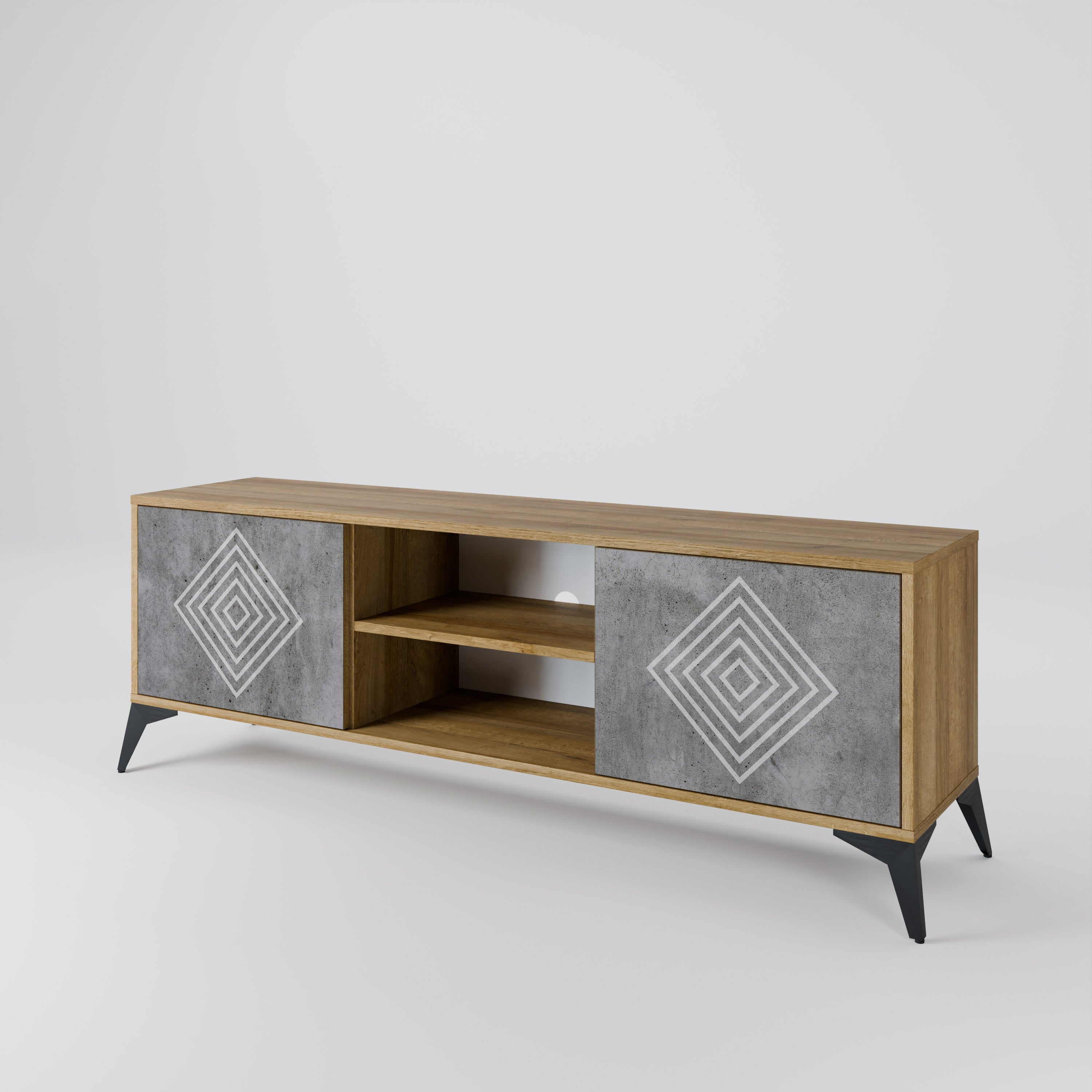 Βάση τηλεόρασης POLYGONAL ARTISTRY με 2 πόρτες σε εφέ δρυός