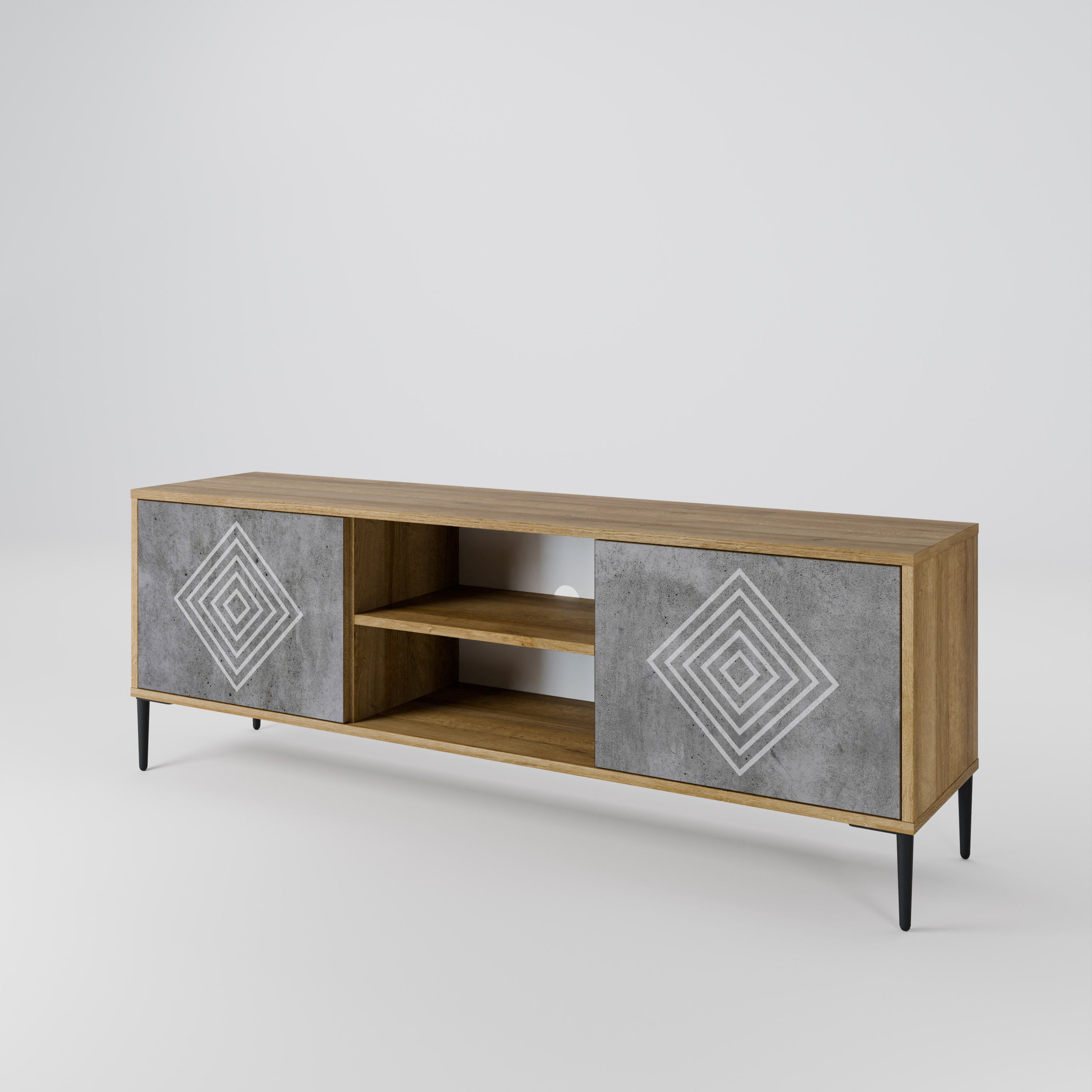 Βάση τηλεόρασης POLYGONAL ARTISTRY με 2 πόρτες σε εφέ δρυός