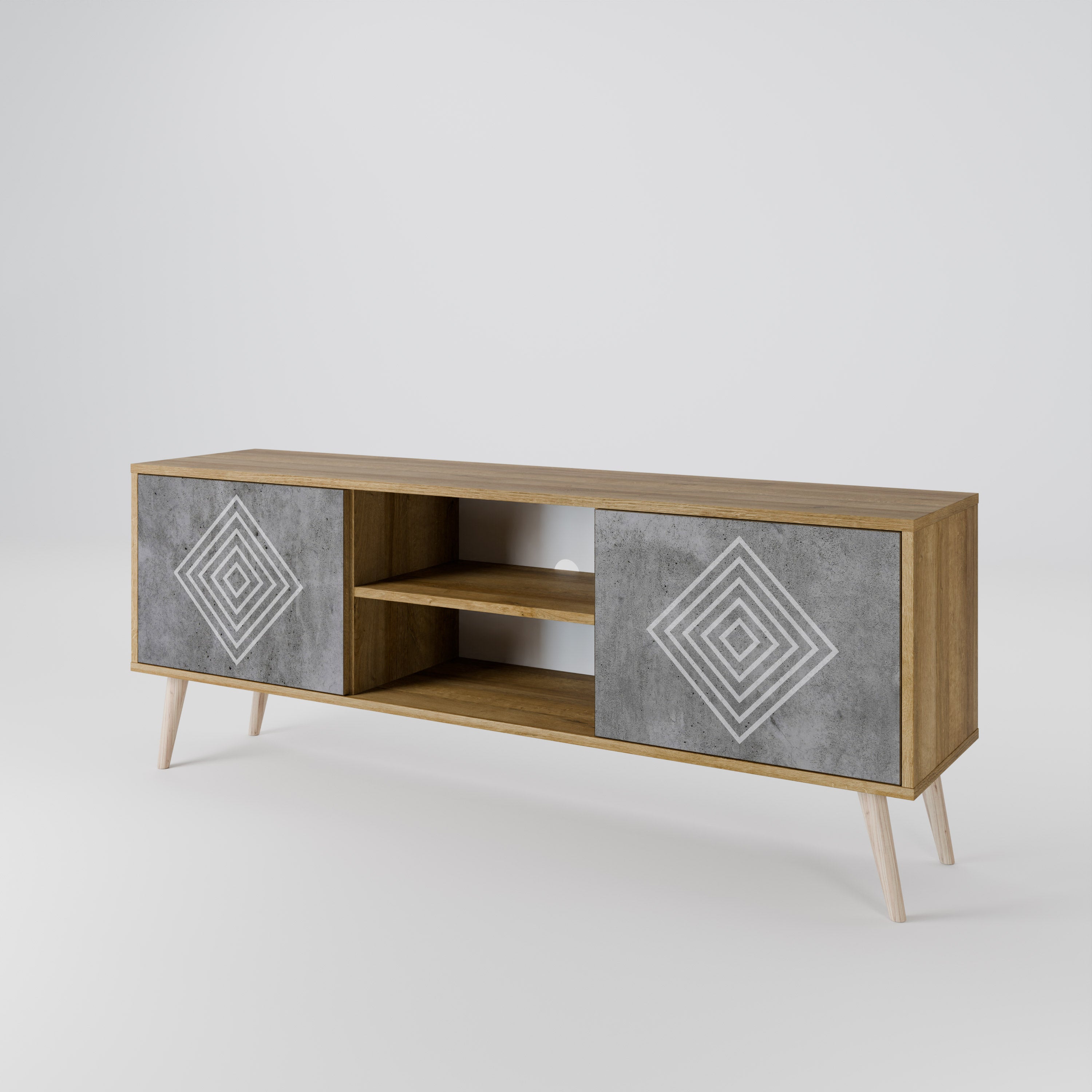 Βάση τηλεόρασης POLYGONAL ARTISTRY με 2 πόρτες σε εφέ δρυός