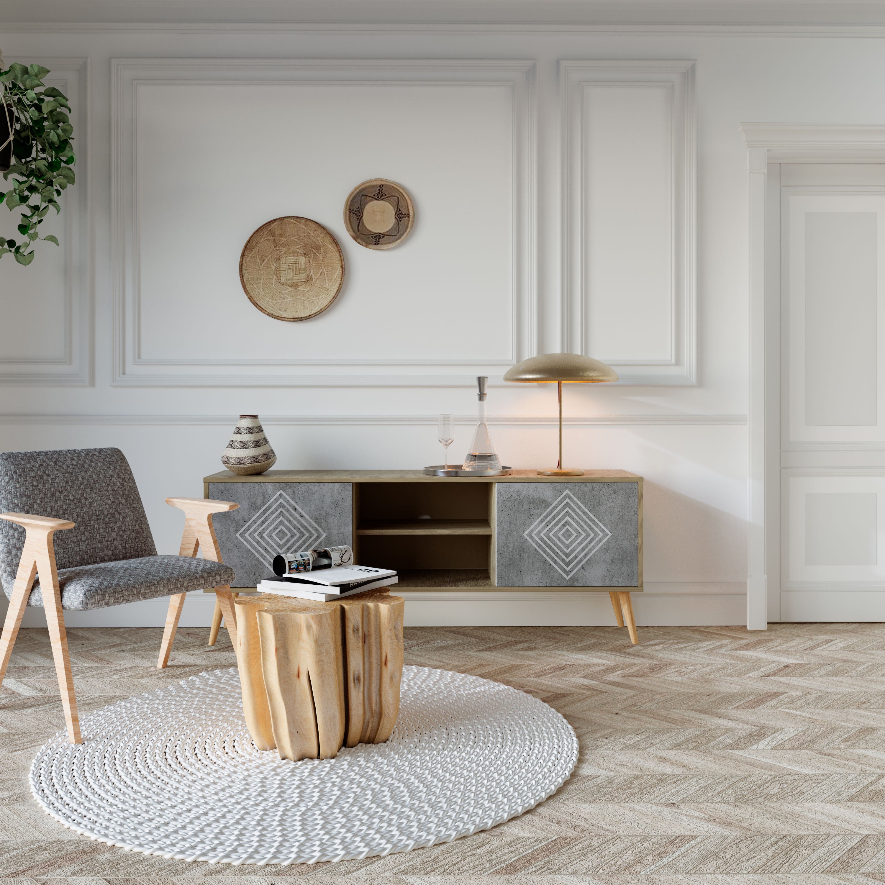 Βάση τηλεόρασης POLYGONAL ARTISTRY με 2 πόρτες σε εφέ δρυός