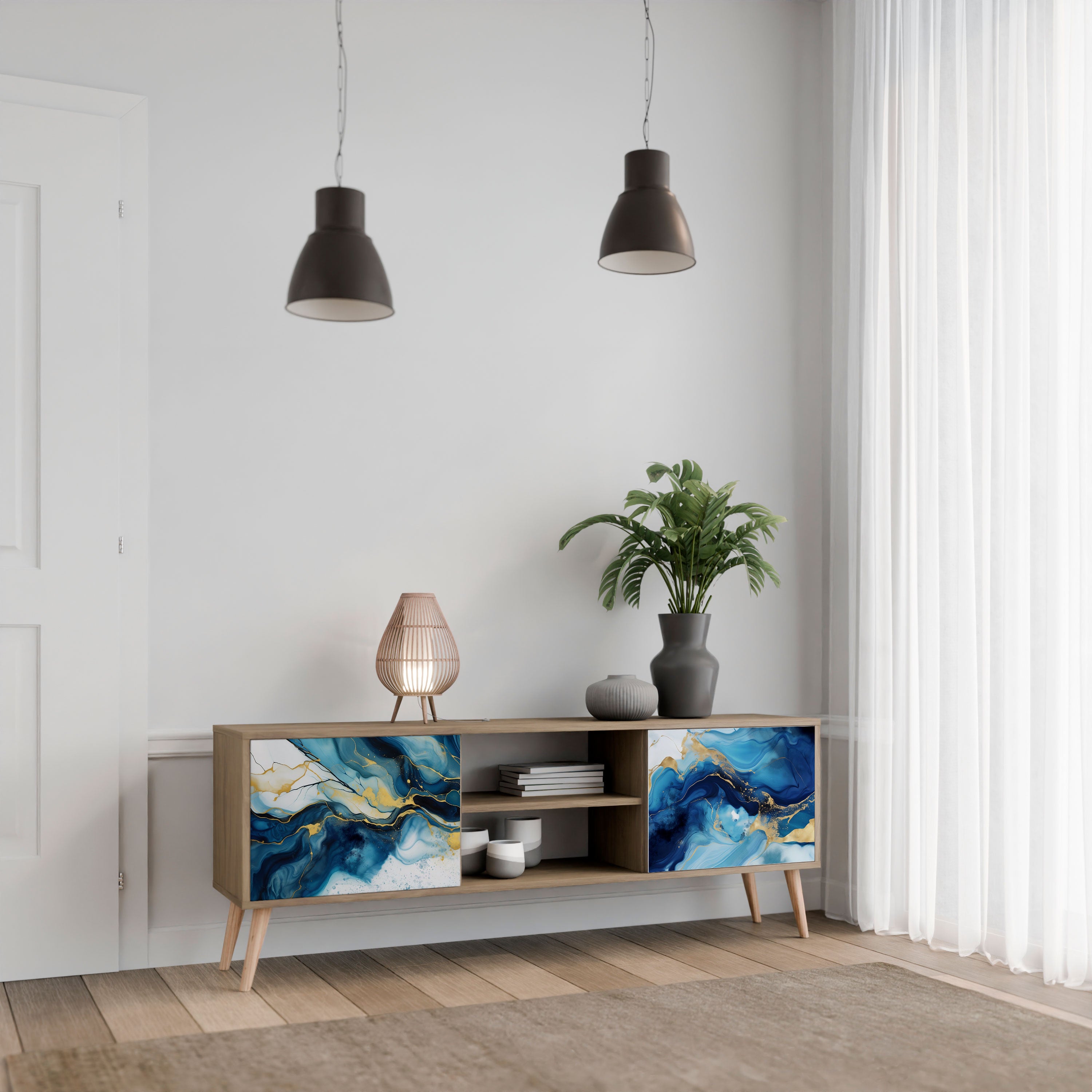 Βάση τηλεόρασης INKY MARBLE με 2 πόρτες σε εφέ δρυός