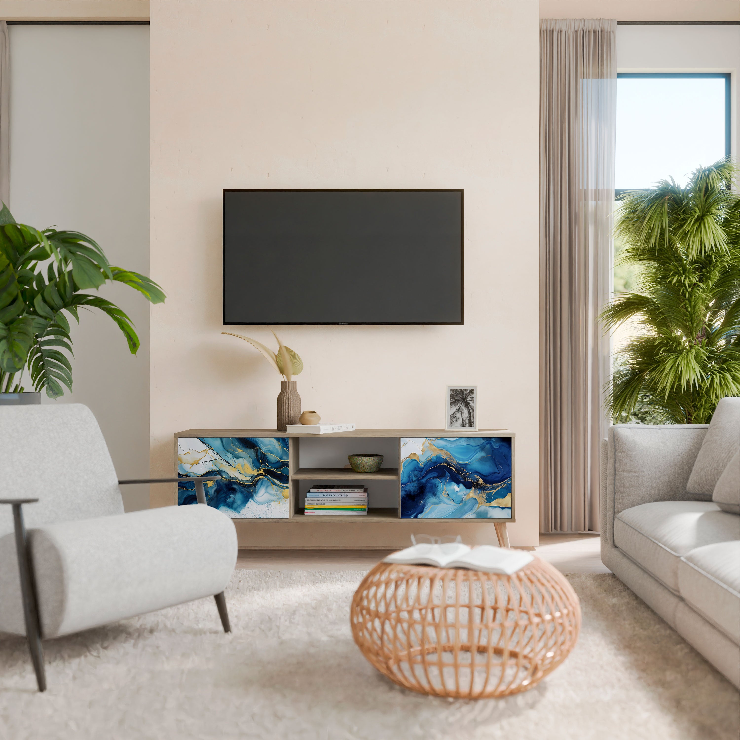 Βάση τηλεόρασης INKY MARBLE με 2 πόρτες σε εφέ δρυός