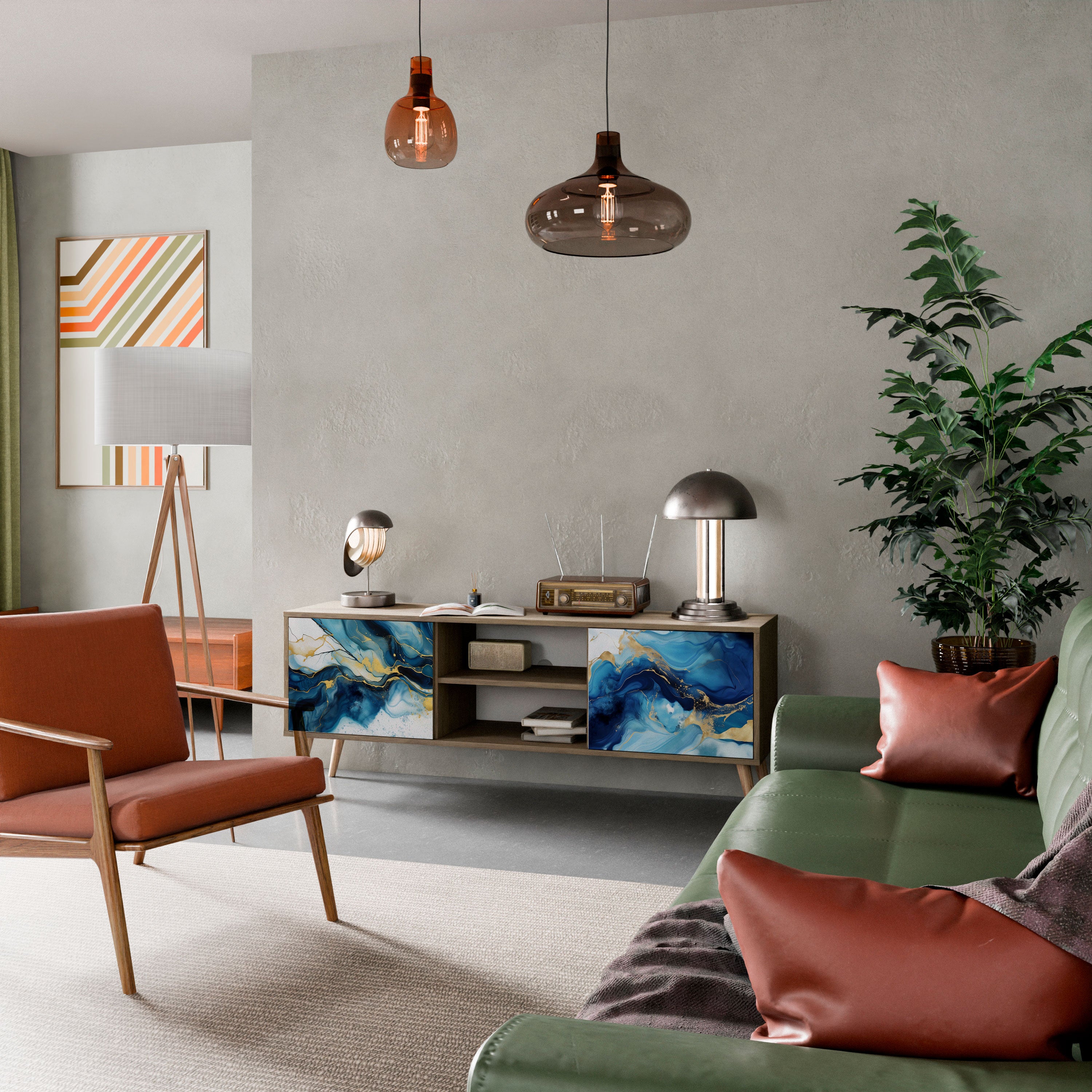 Βάση τηλεόρασης INKY MARBLE με 2 πόρτες σε εφέ δρυός