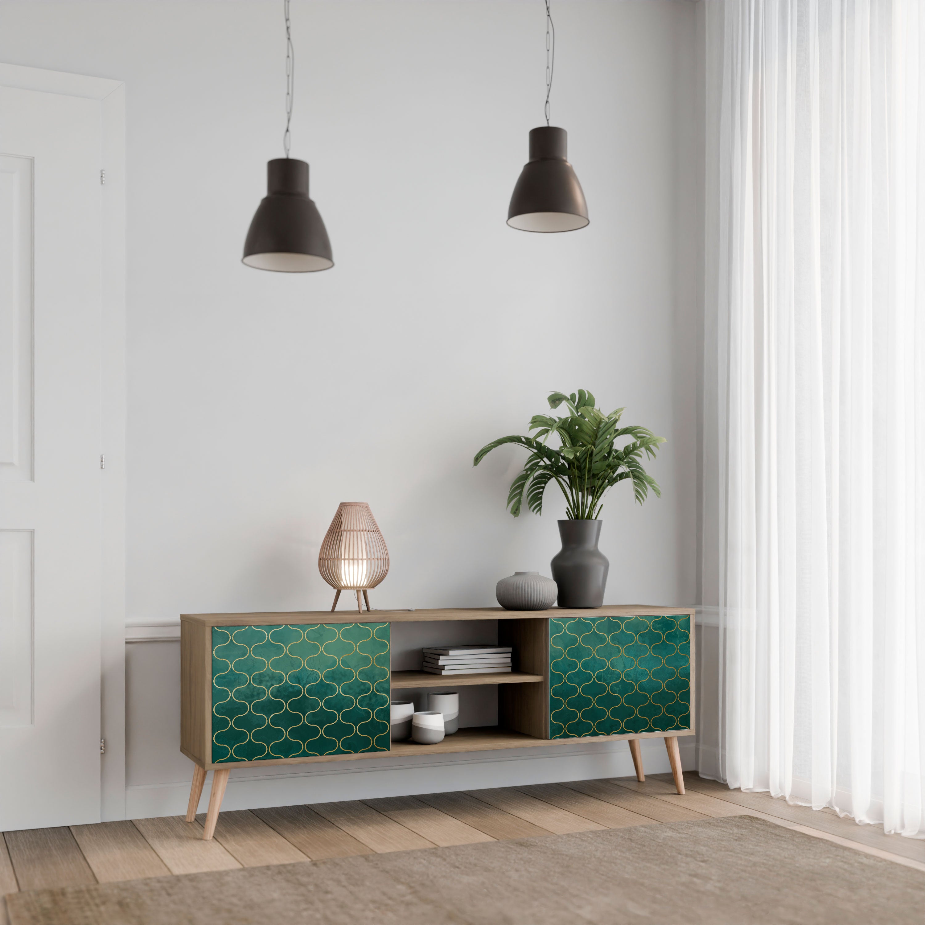 TESSELATED GREENERY 2-Door TV Stand in Oak Effect