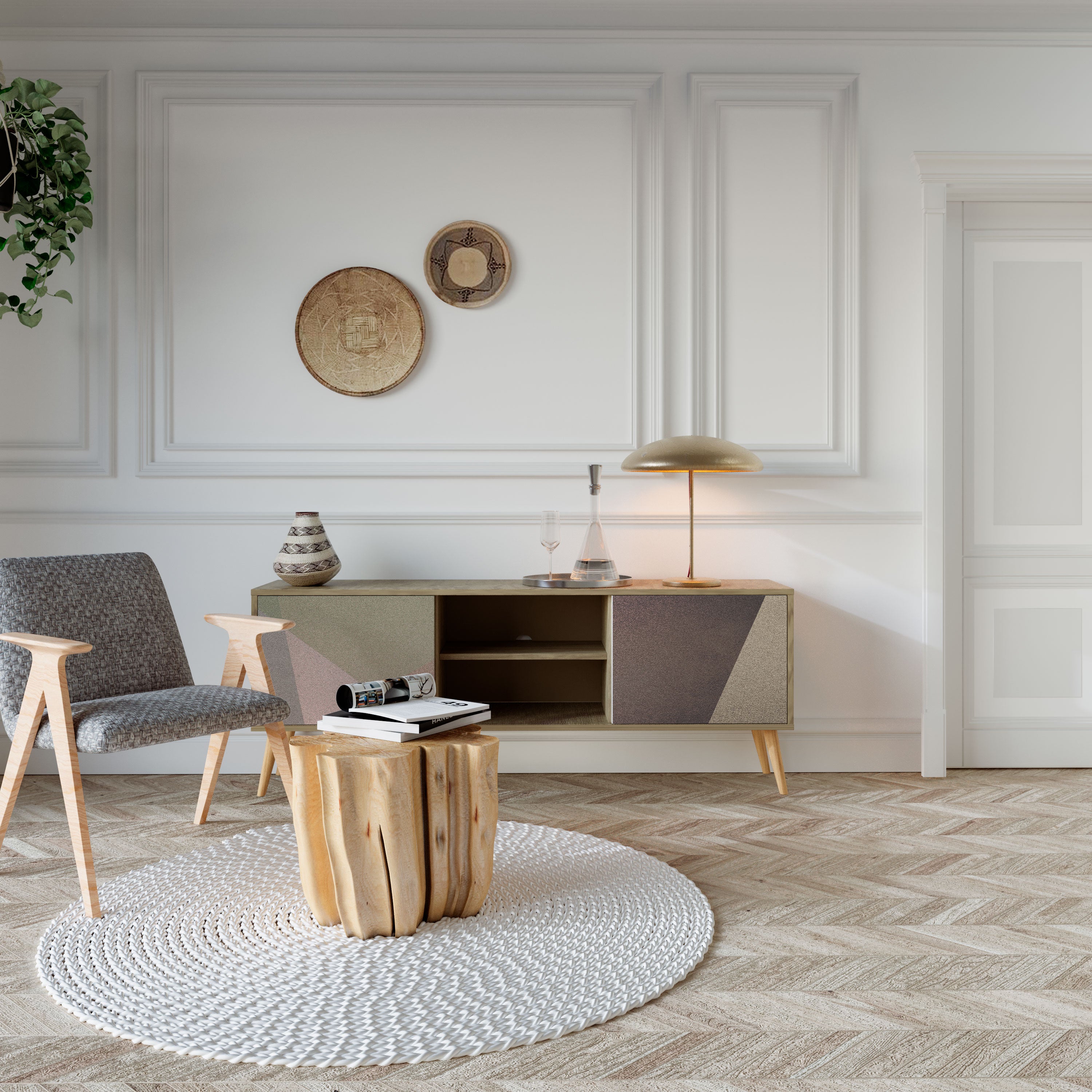 Βάση τηλεόρασης BEIGE GEOMETRIA με 2 πόρτες σε όψη δρυός