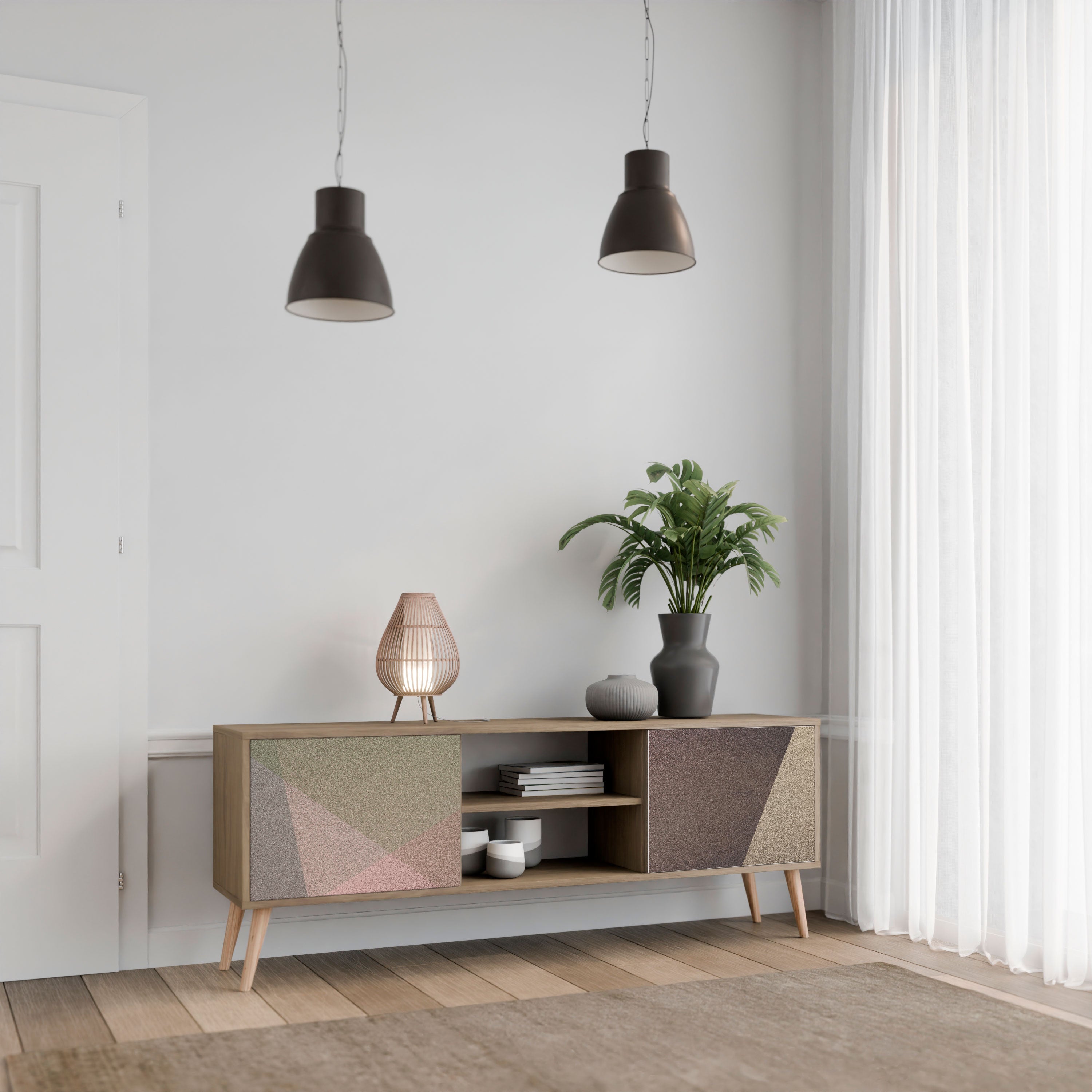 Βάση τηλεόρασης BEIGE GEOMETRIA με 2 πόρτες σε όψη δρυός