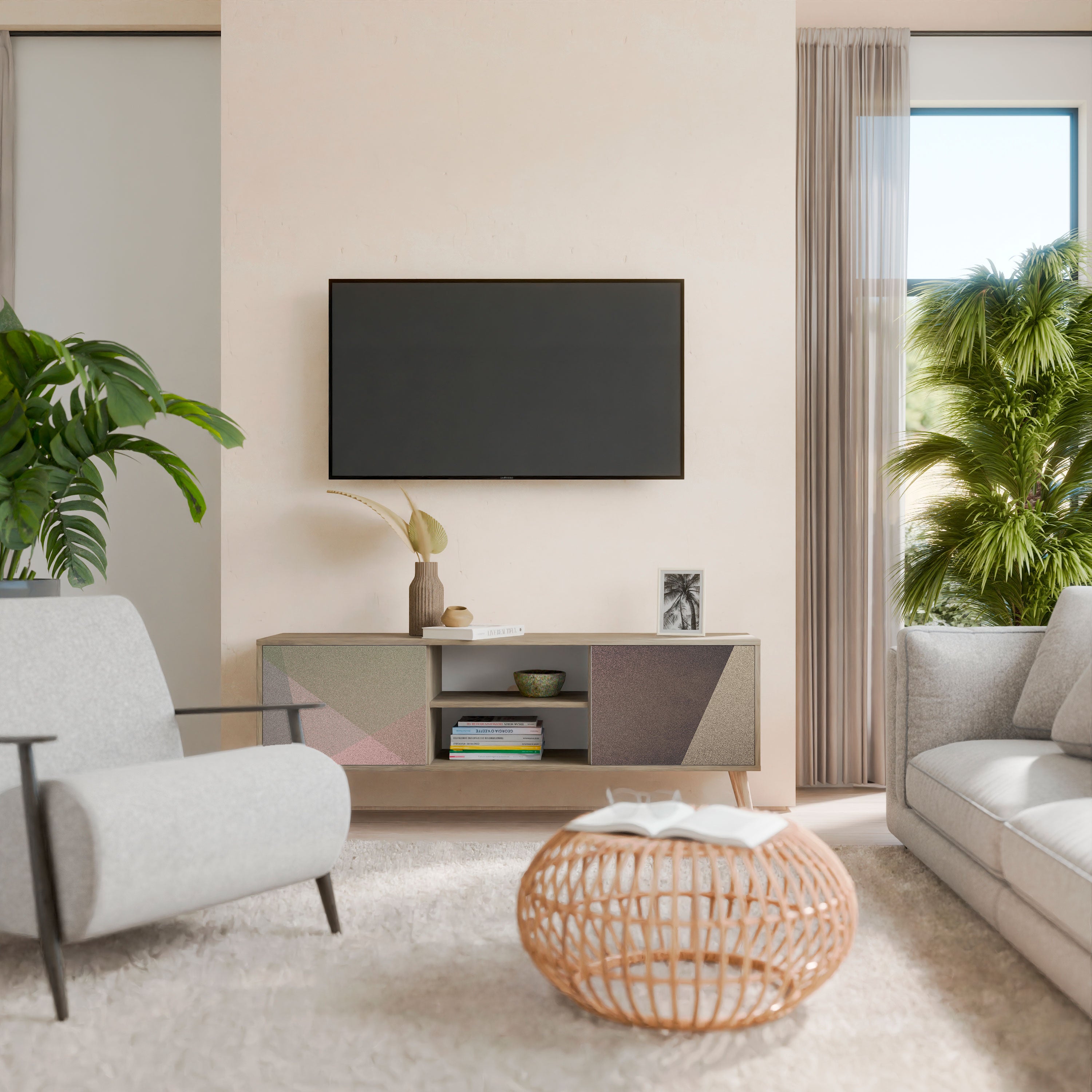 Βάση τηλεόρασης BEIGE GEOMETRIA με 2 πόρτες σε όψη δρυός