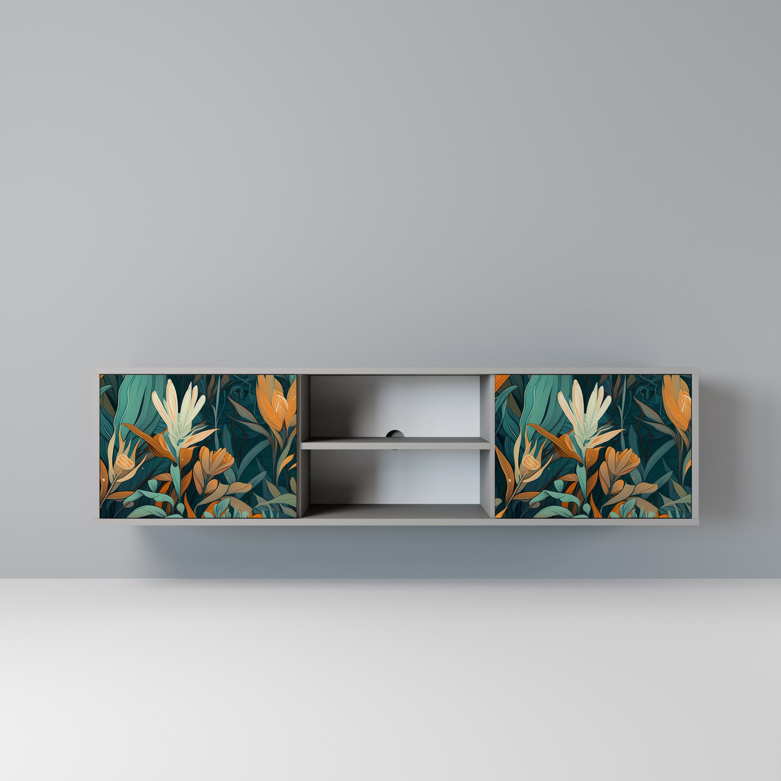Βάση τηλεόρασης FLORAL SERENITY με 2 πόρτες σε γκρι φινίρισμα