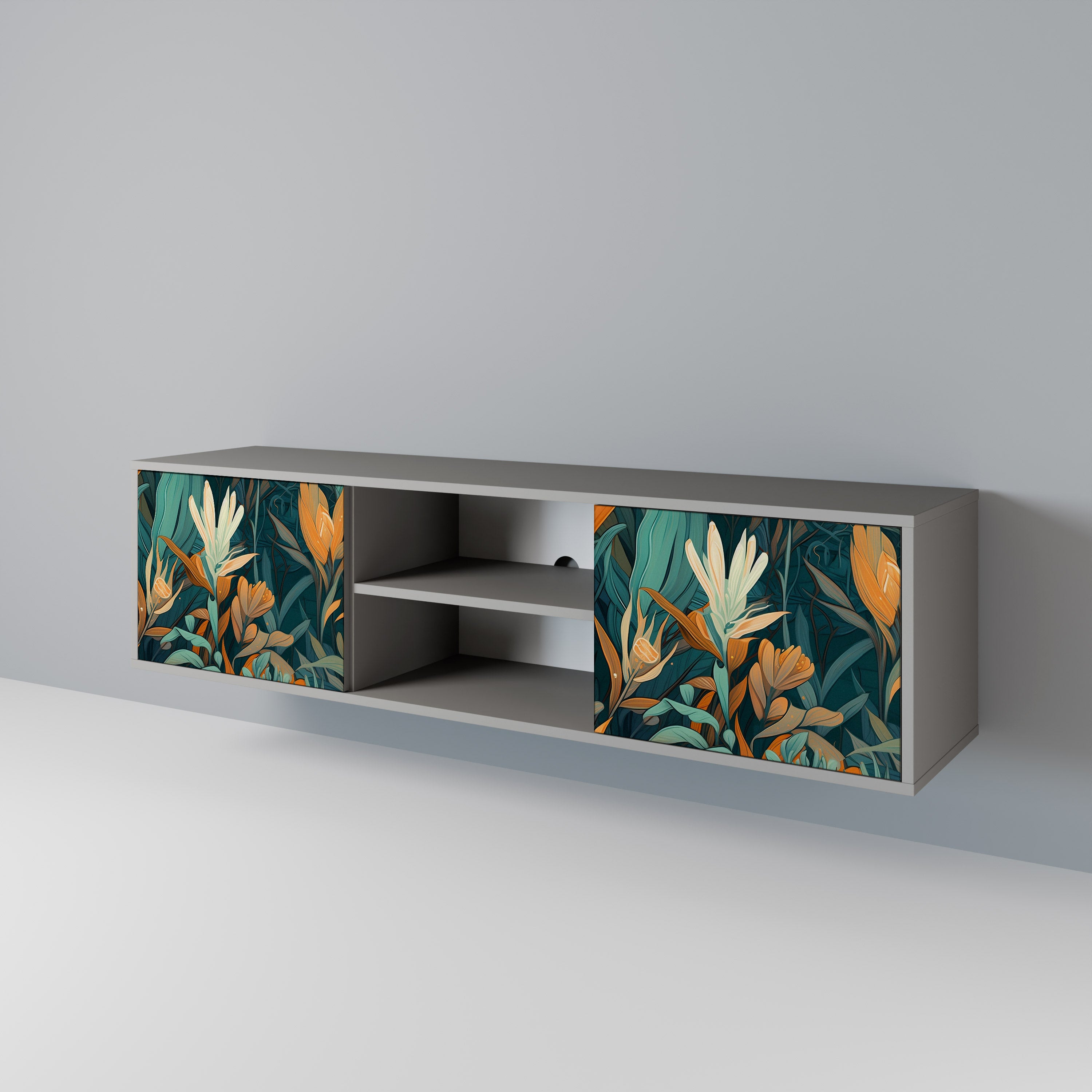 Βάση τηλεόρασης FLORAL SERENITY με 2 πόρτες σε γκρι φινίρισμα