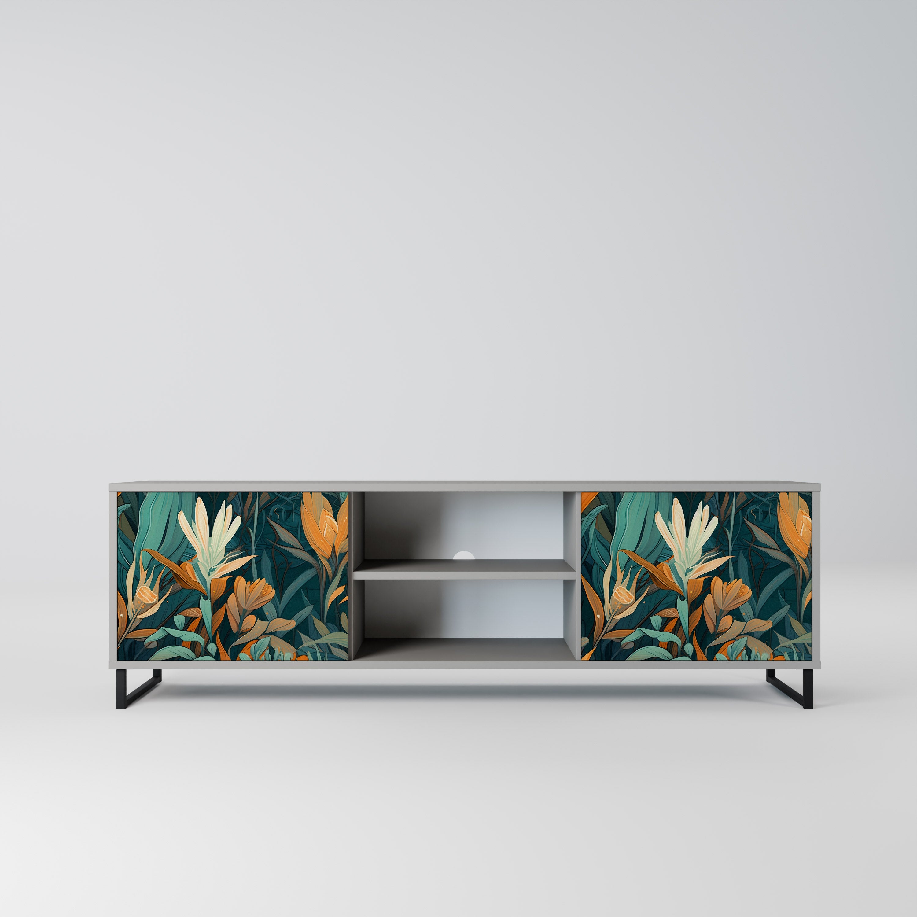 Βάση τηλεόρασης FLORAL SERENITY με 2 πόρτες σε γκρι φινίρισμα