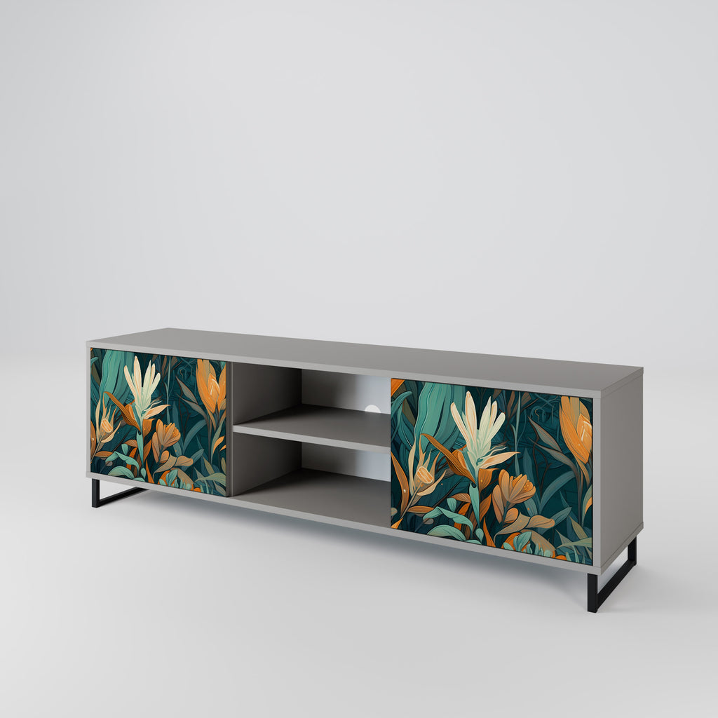 Βάση τηλεόρασης FLORAL SERENITY με 2 πόρτες σε γκρι φινίρισμα