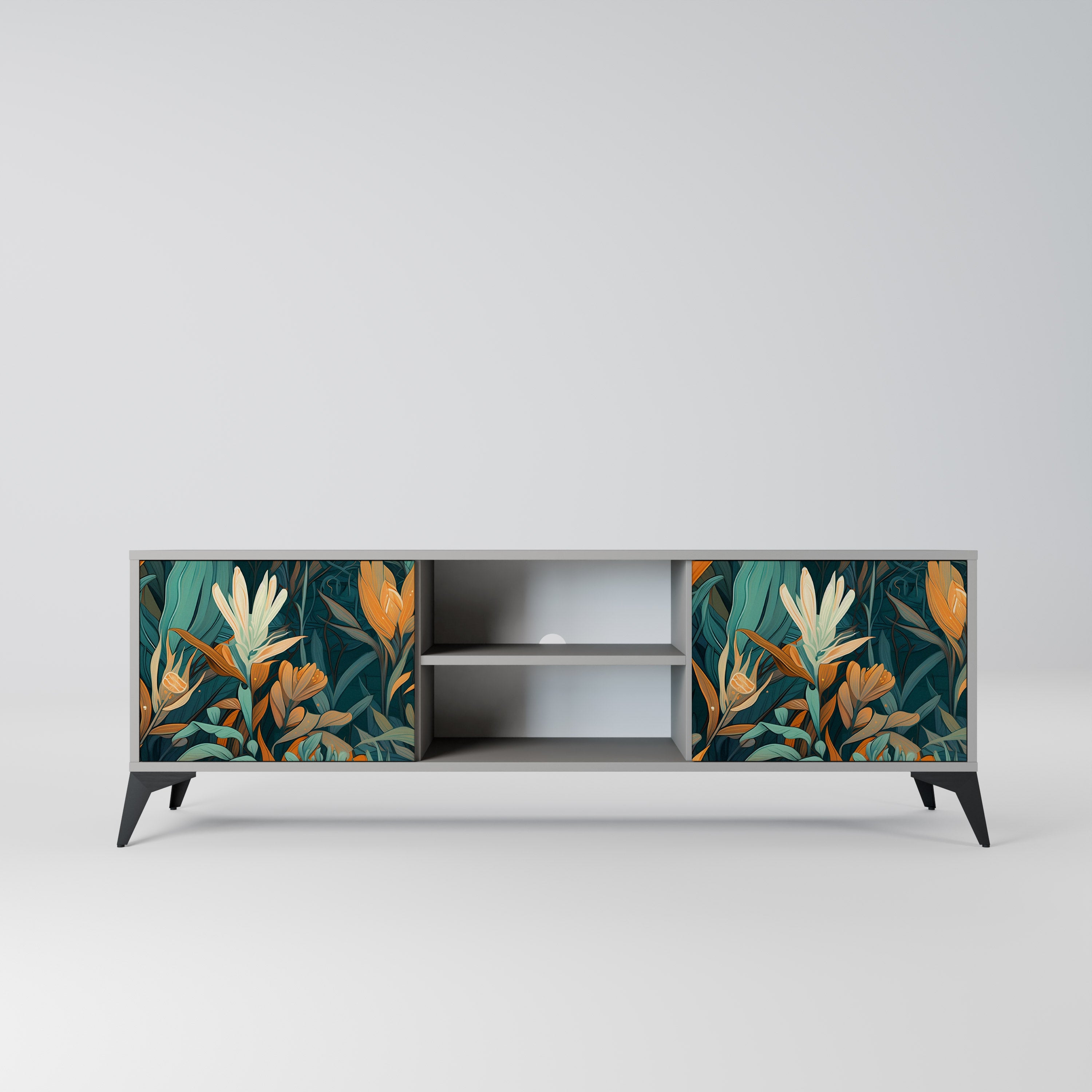 Βάση τηλεόρασης FLORAL SERENITY με 2 πόρτες σε γκρι φινίρισμα