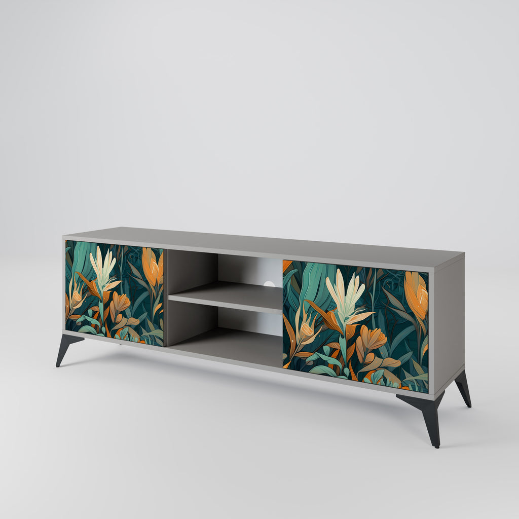 Βάση τηλεόρασης FLORAL SERENITY με 2 πόρτες σε γκρι φινίρισμα