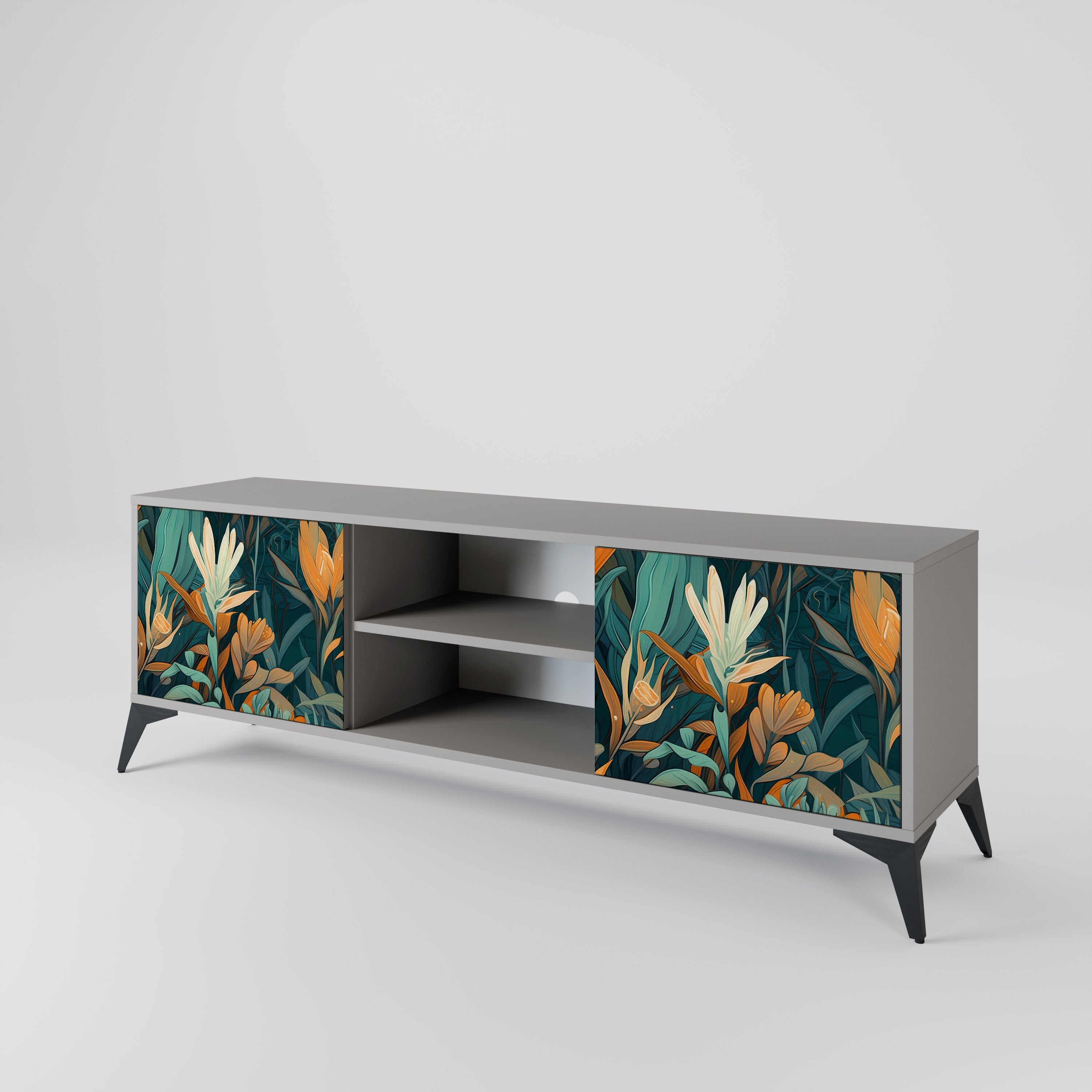 Βάση τηλεόρασης FLORAL SERENITY με 2 πόρτες σε γκρι φινίρισμα