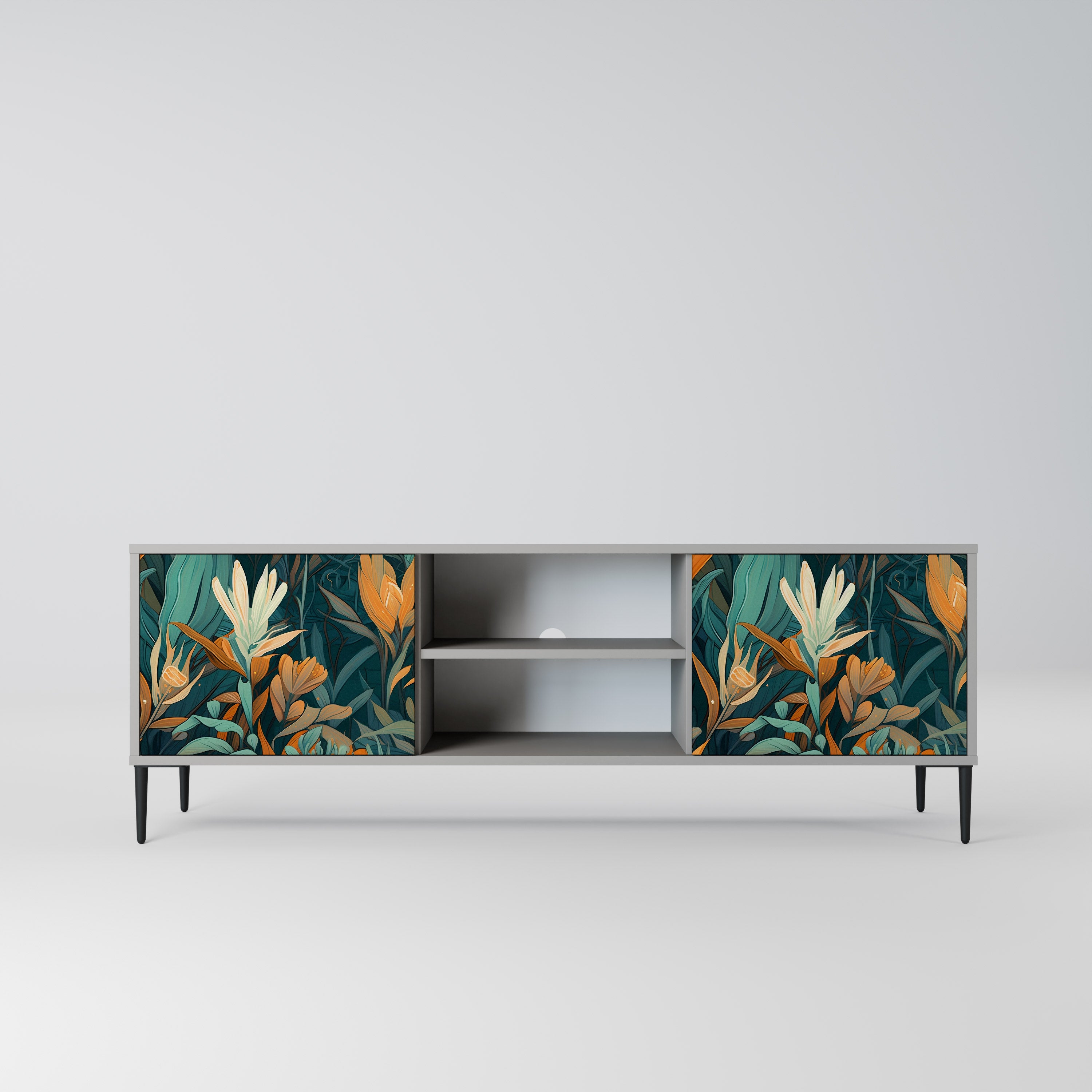 Βάση τηλεόρασης FLORAL SERENITY με 2 πόρτες σε γκρι φινίρισμα