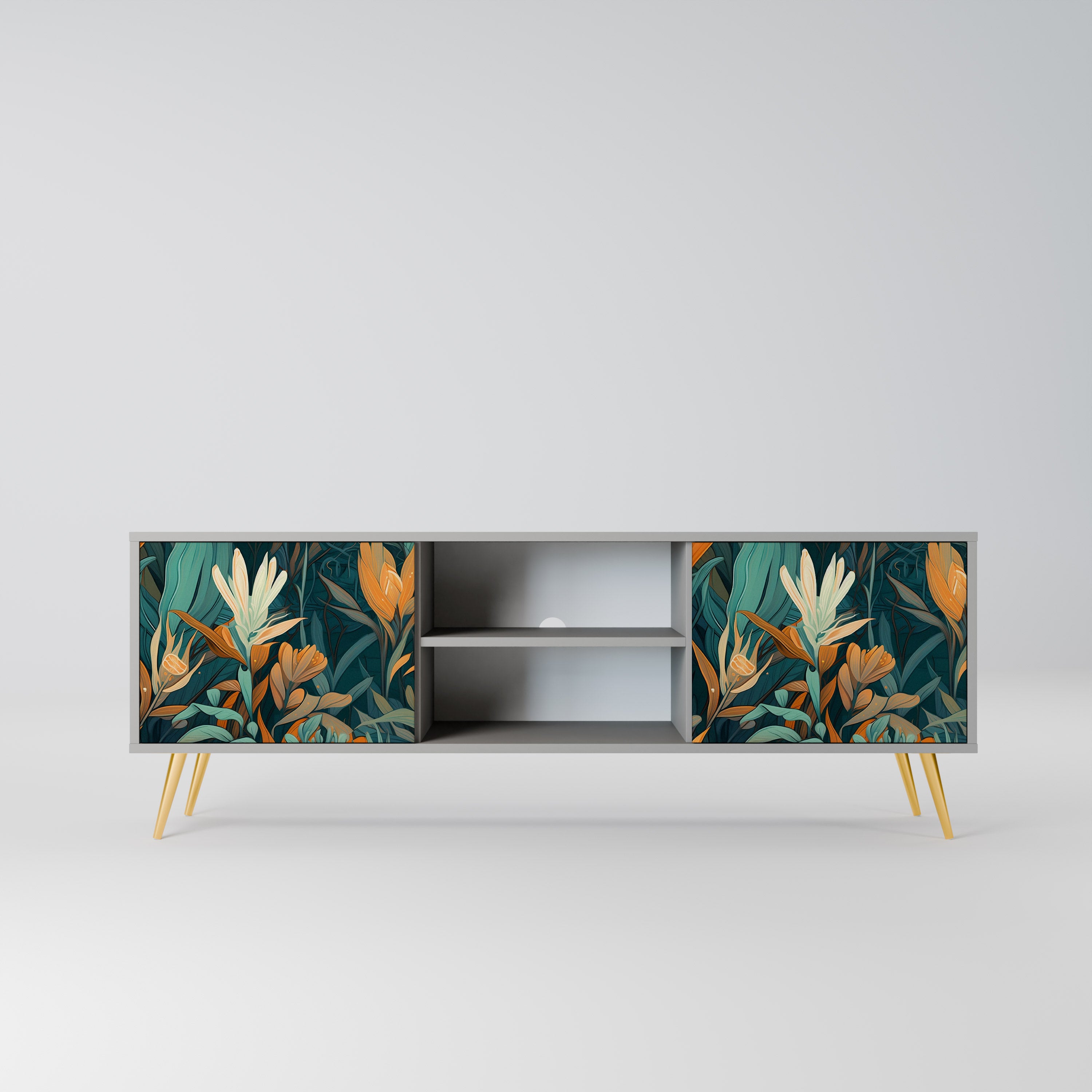 Βάση τηλεόρασης FLORAL SERENITY με 2 πόρτες σε γκρι φινίρισμα