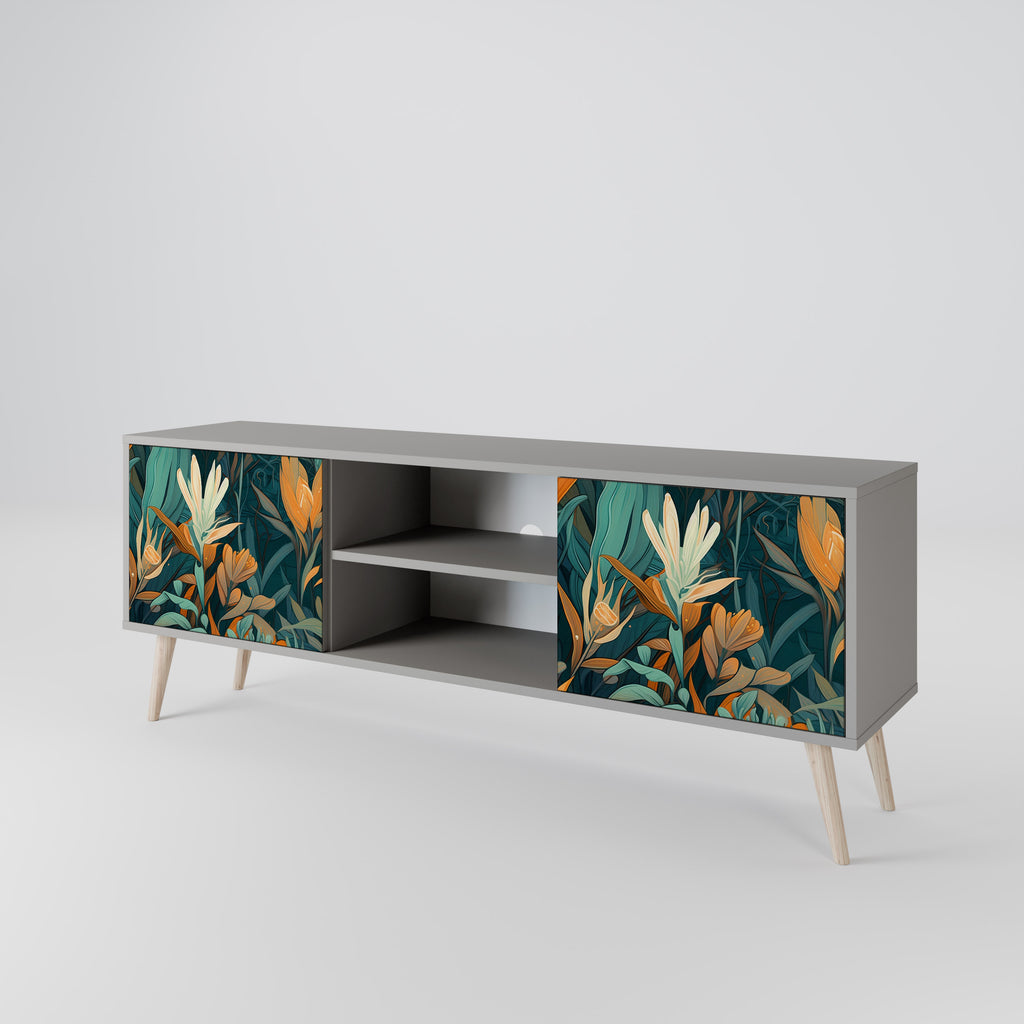 Βάση τηλεόρασης FLORAL SERENITY με 2 πόρτες σε γκρι φινίρισμα