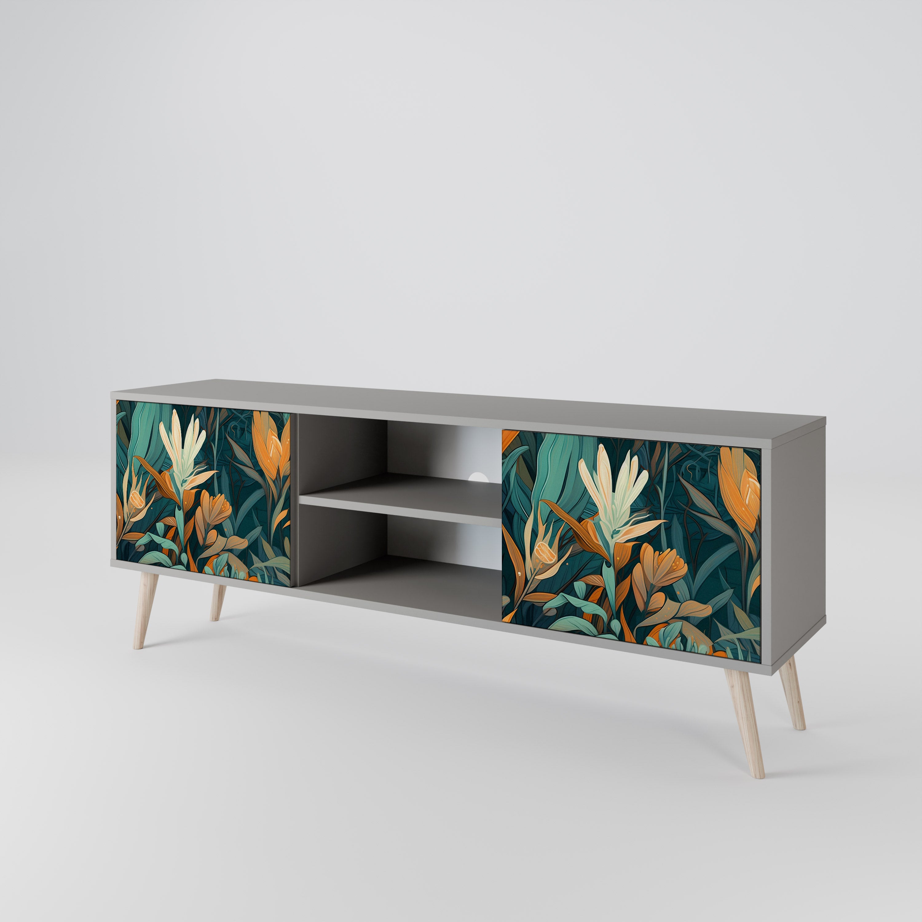 Βάση τηλεόρασης FLORAL SERENITY με 2 πόρτες σε γκρι φινίρισμα