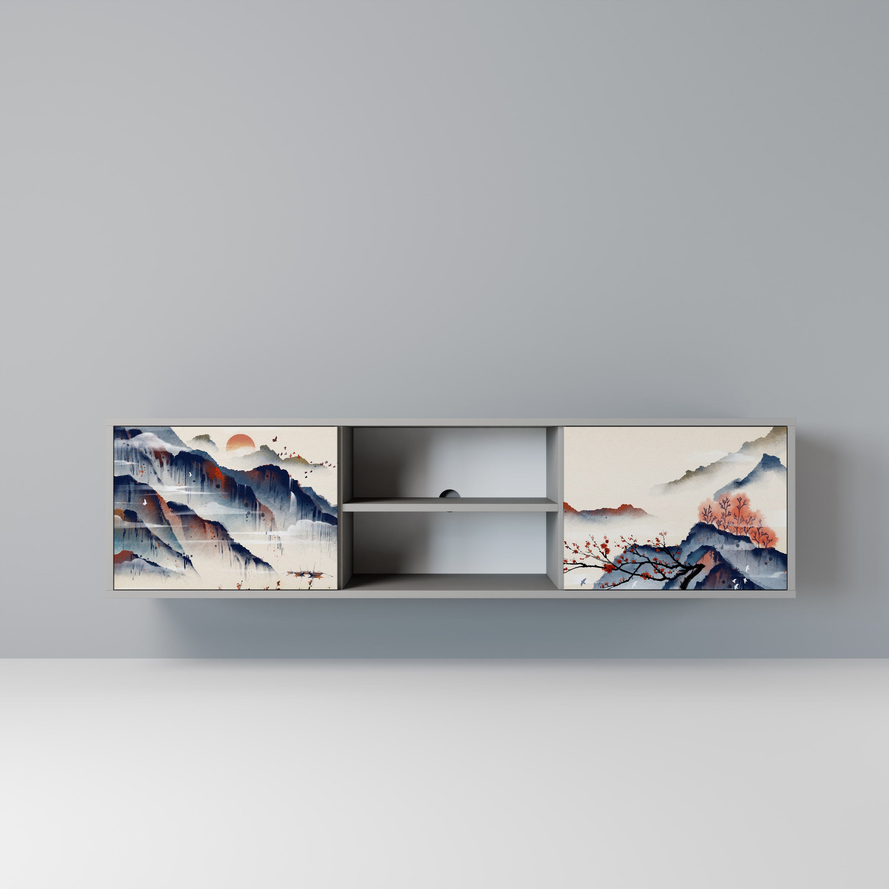 Βάση τηλεόρασης JAPANESE LANDSCAPE με 2 πόρτες σε γκρι φινίρισμα