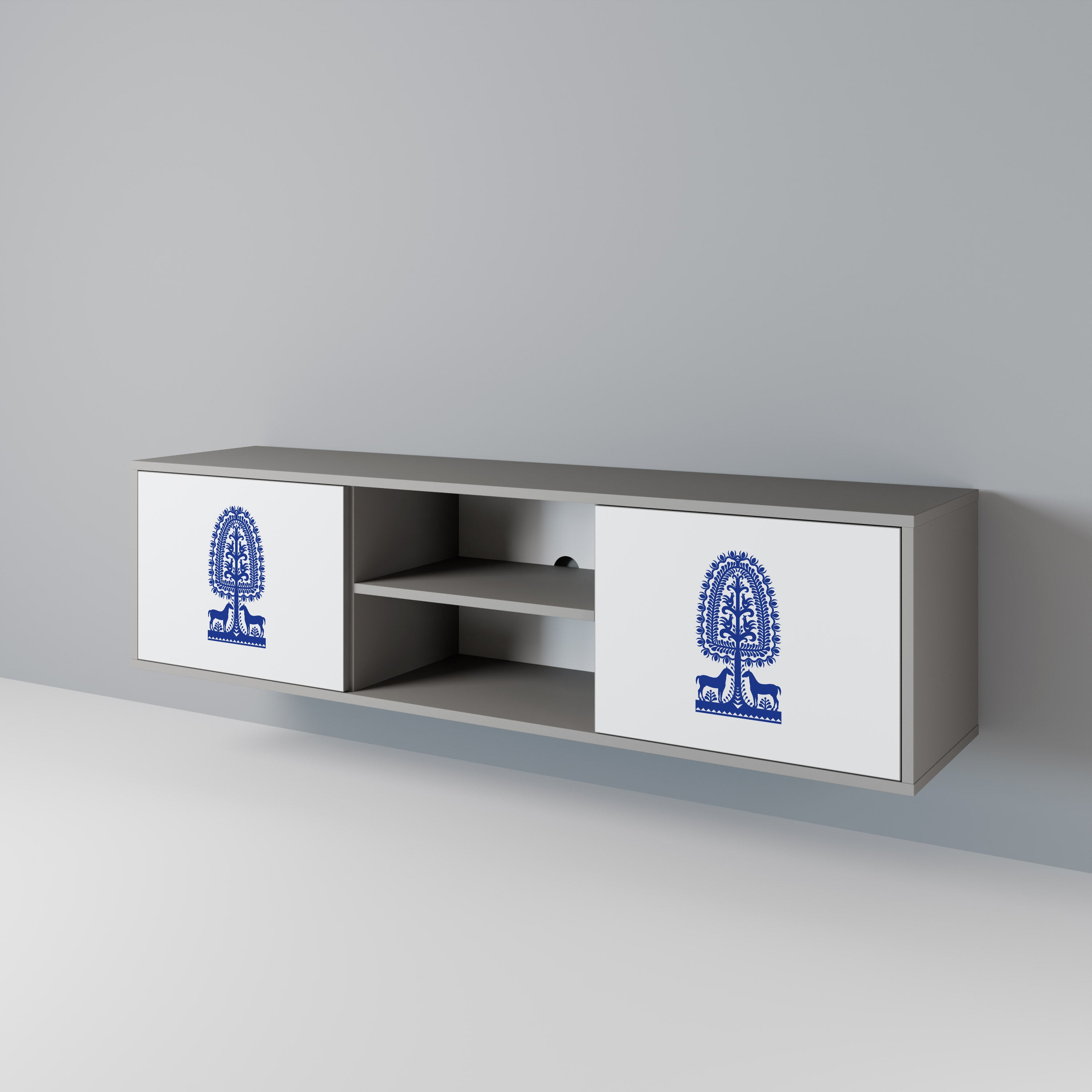 POLISH FOLK ART 2-Door TV Stand in Grey Finish