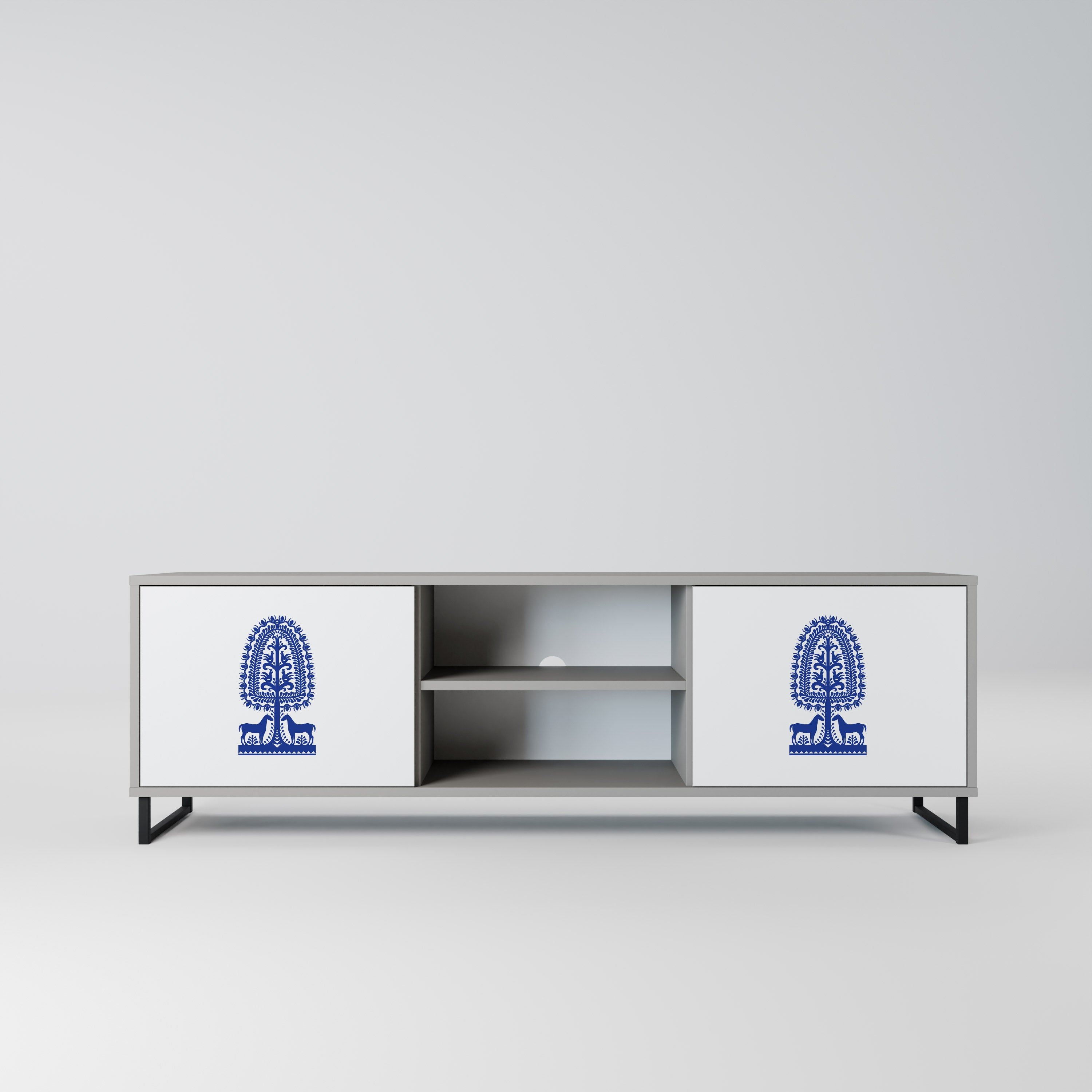 POLISH FOLK ART 2-Door TV Stand in Grey Finish
