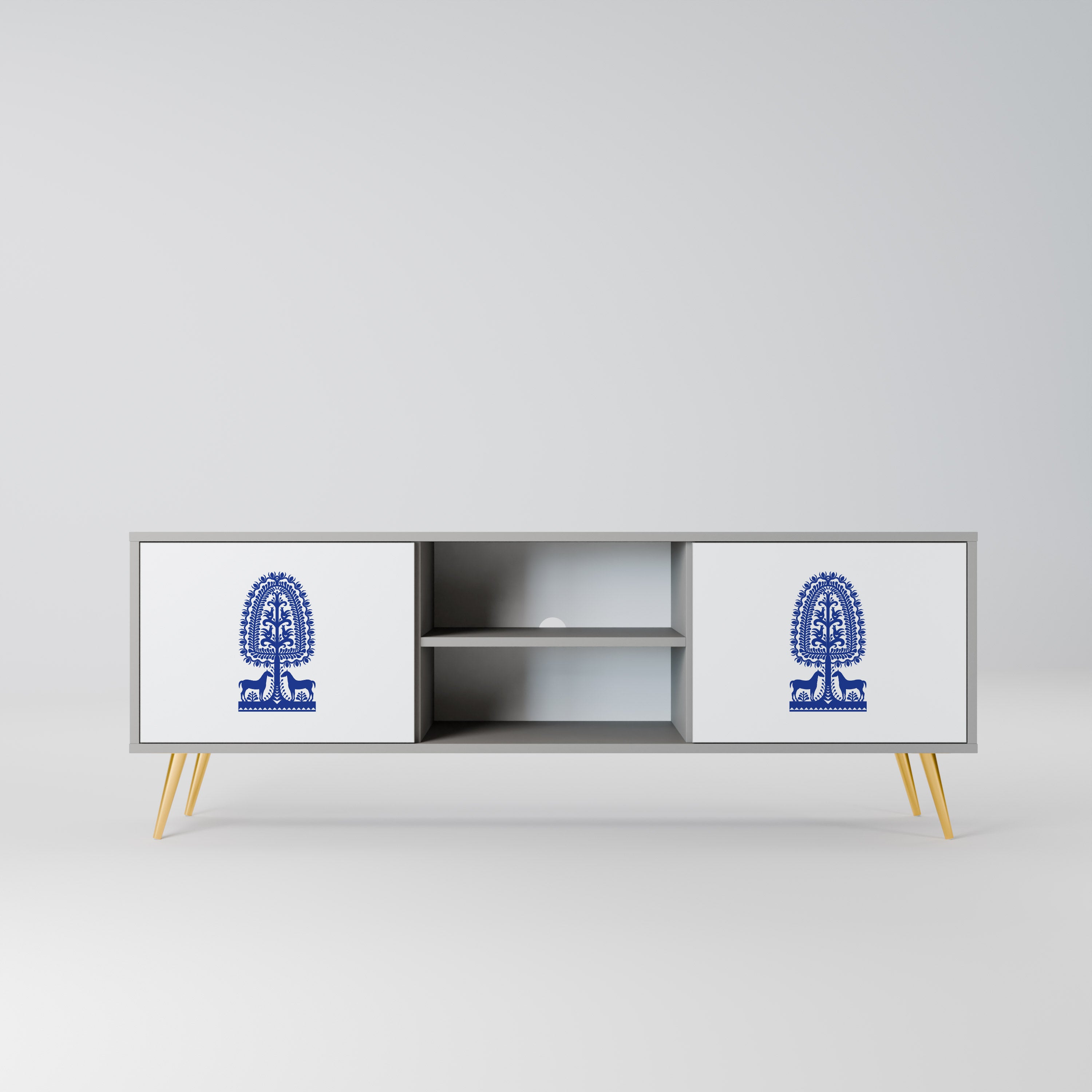 POLISH FOLK ART 2-Door TV Stand in Grey Finish