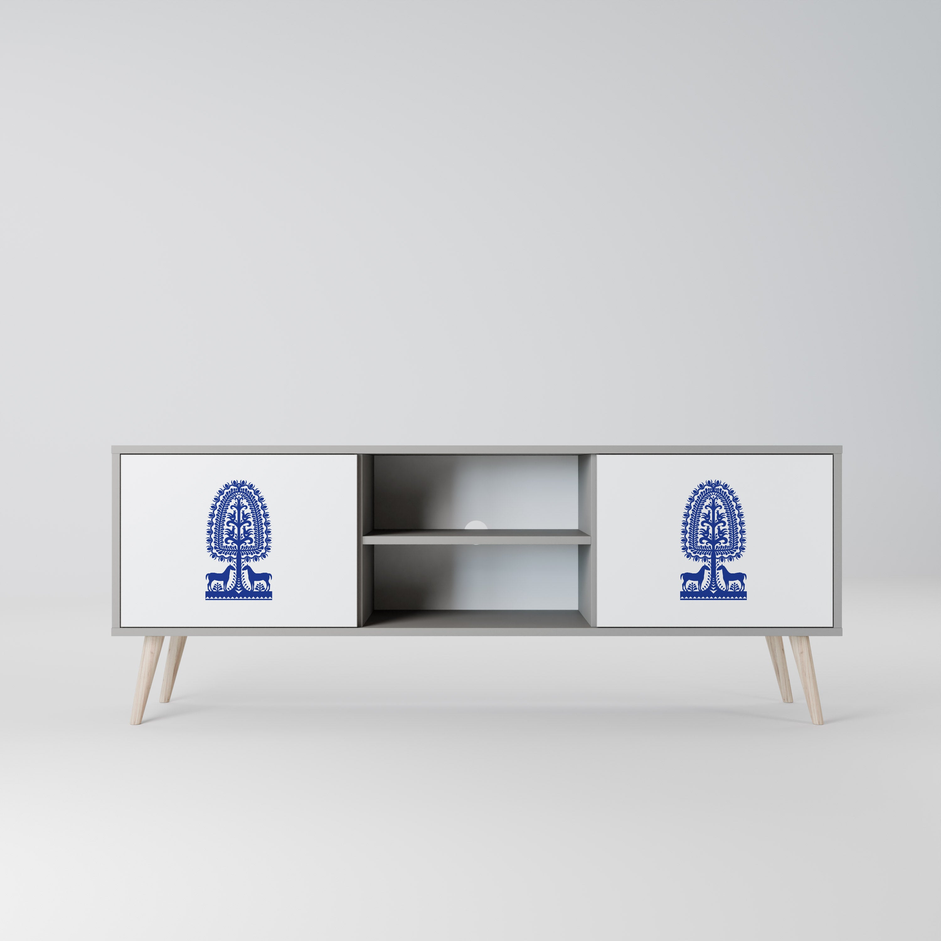 POLISH FOLK ART 2-Door TV Stand in Grey Finish