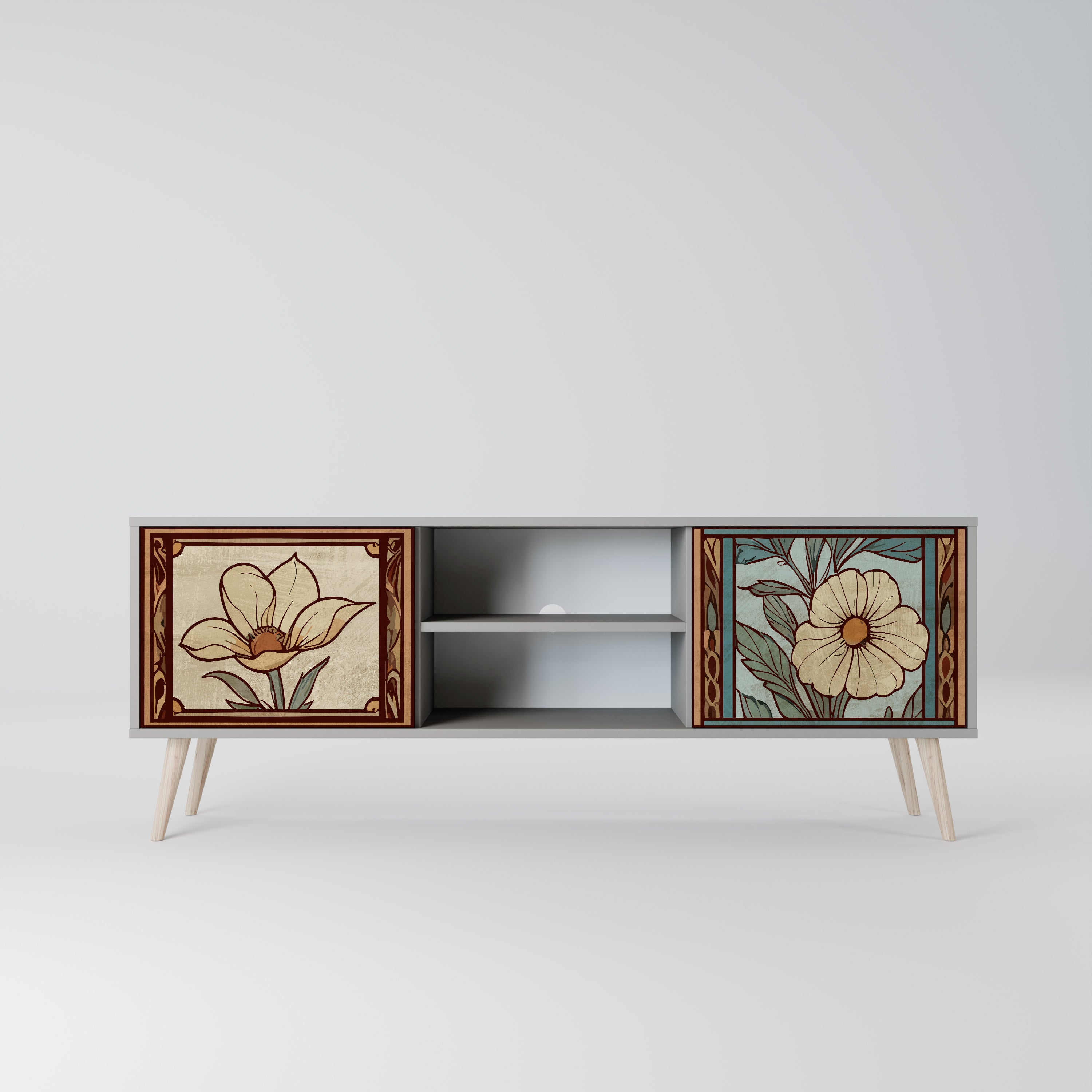 Βάση τηλεόρασης TIMELESS FLORA με 2 πόρτες σε γκρι φινίρισμα