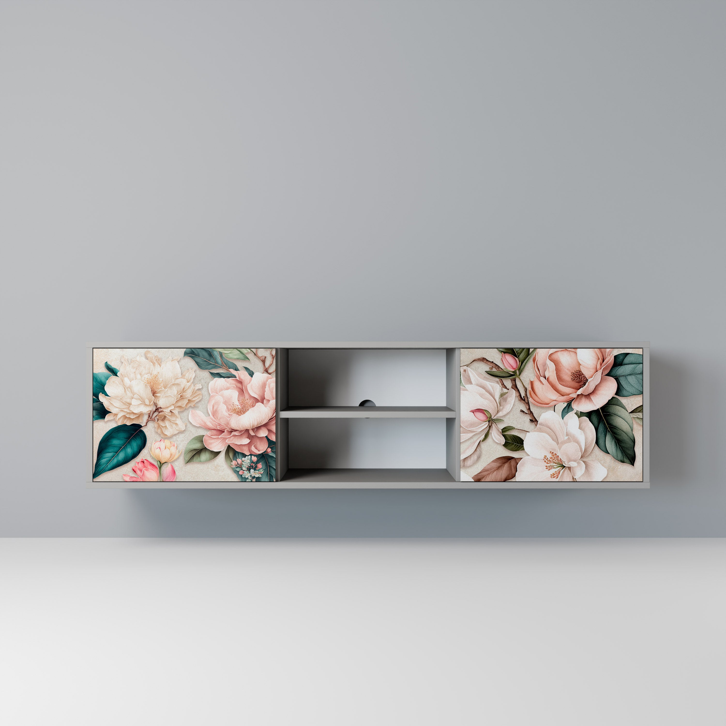 Βάση τηλεόρασης FLORAL GRACE με 2 πόρτες σε γκρι φινίρισμα