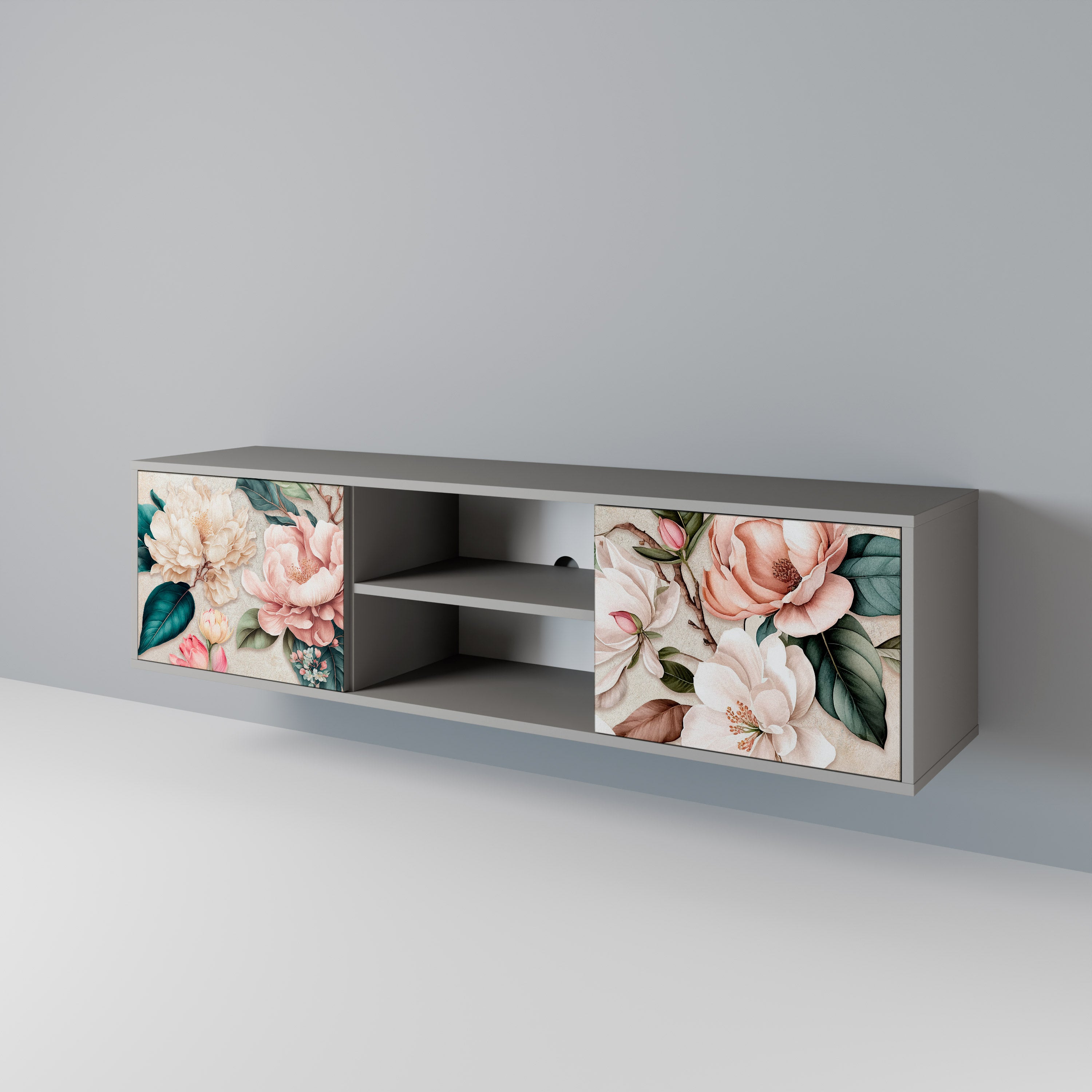 Βάση τηλεόρασης FLORAL GRACE με 2 πόρτες σε γκρι φινίρισμα