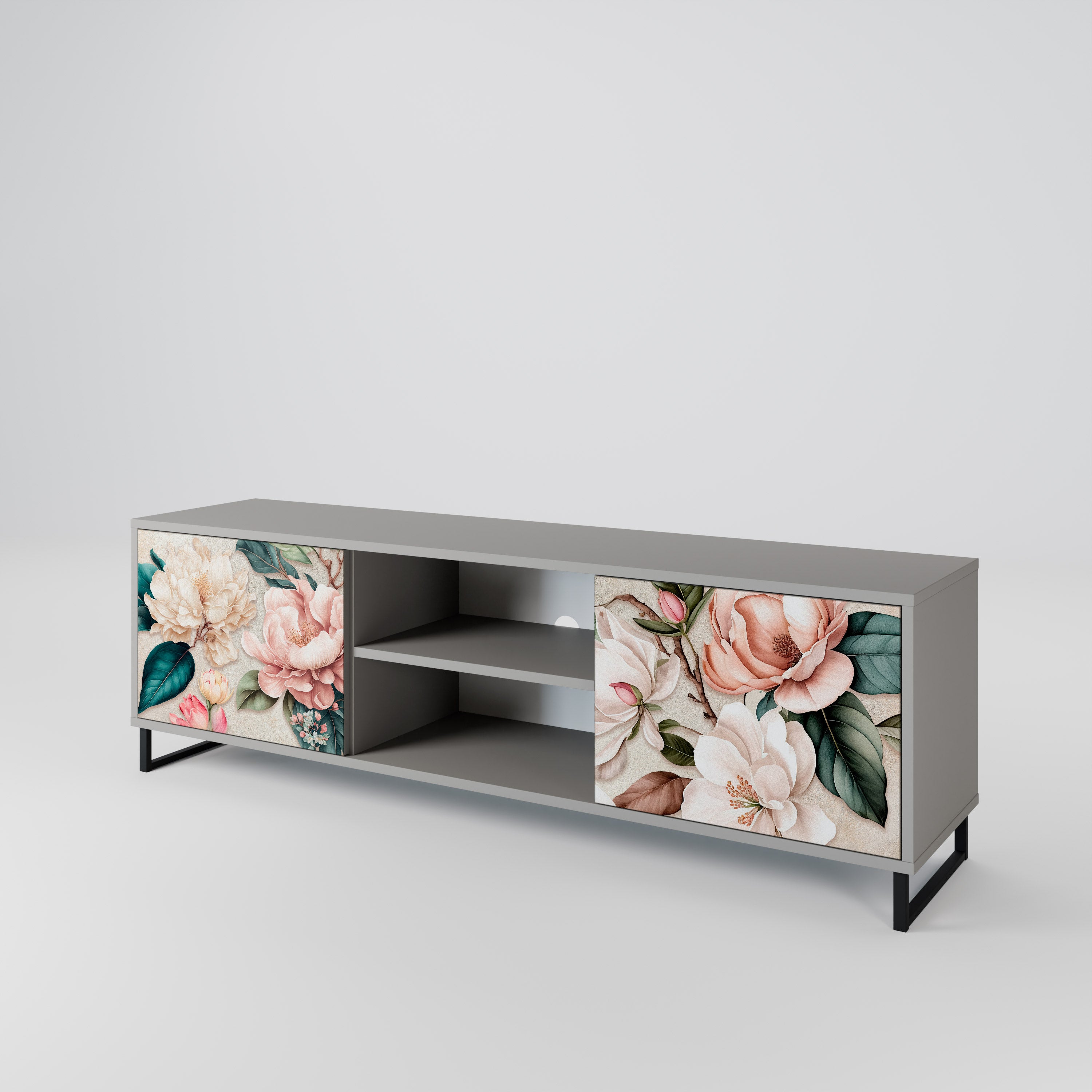 Βάση τηλεόρασης FLORAL GRACE με 2 πόρτες σε γκρι φινίρισμα