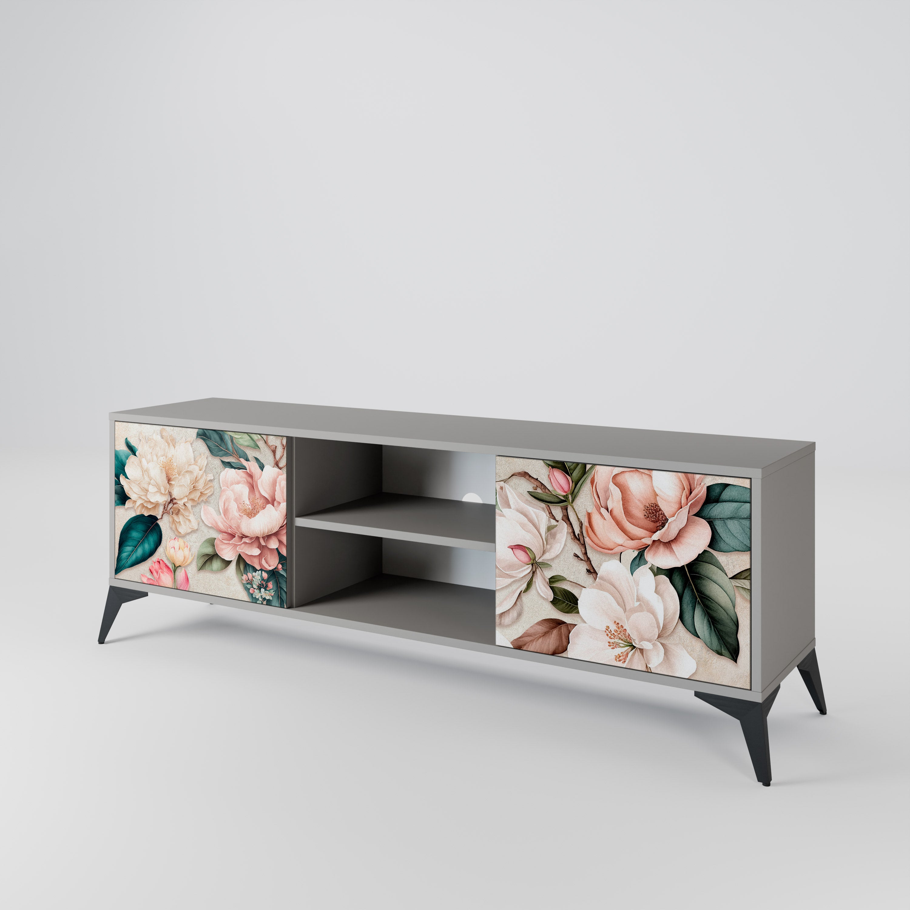 Βάση τηλεόρασης FLORAL GRACE με 2 πόρτες σε γκρι φινίρισμα